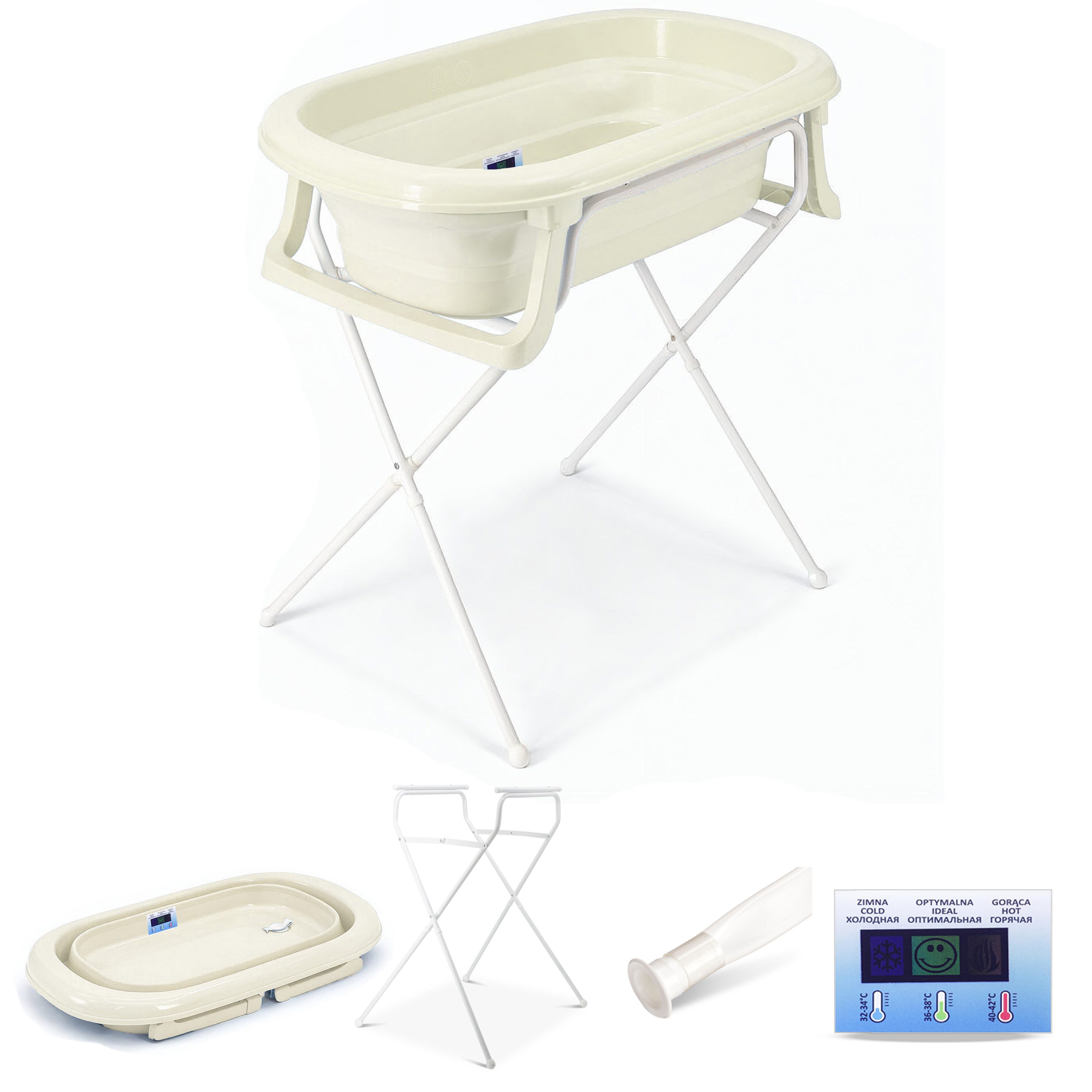 Babykajo Babybadewanne, (Set, 4-tlg), Babywanne faltbar mit Ständer, Abflussschlauch und Thermometer