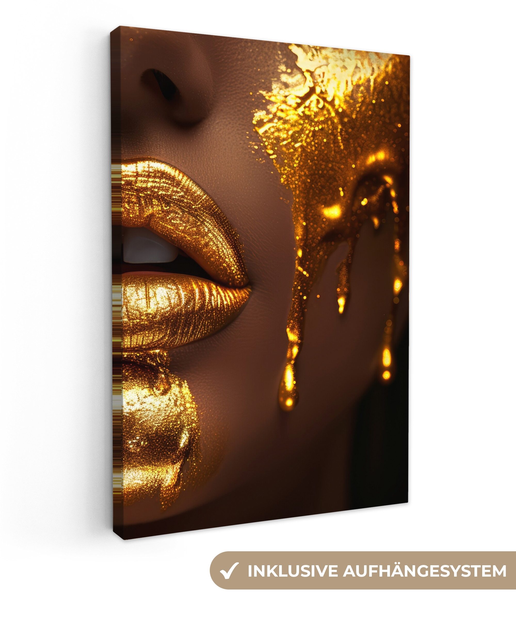Leinwandbild Frau - Gold - Gesicht - Farbe - Lippen