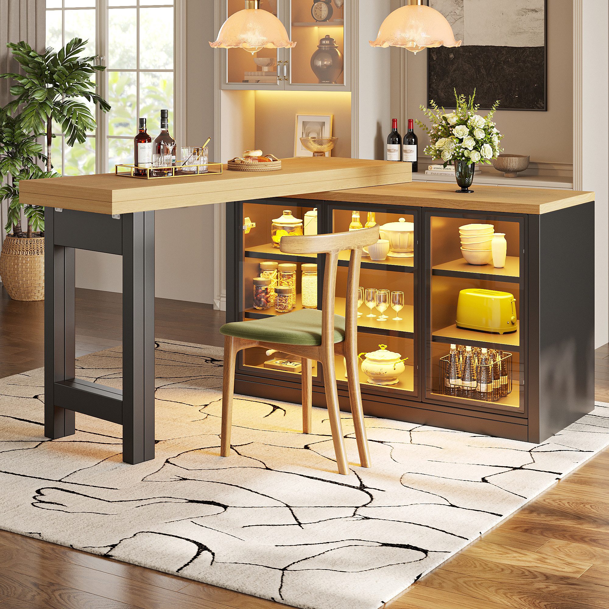 i@home Bartisch Ausziehbarer Kücheninsel-Esstisch eiten-Schrank Kombination (Packung Set), 360° drehbare smartes Farblichtsystem