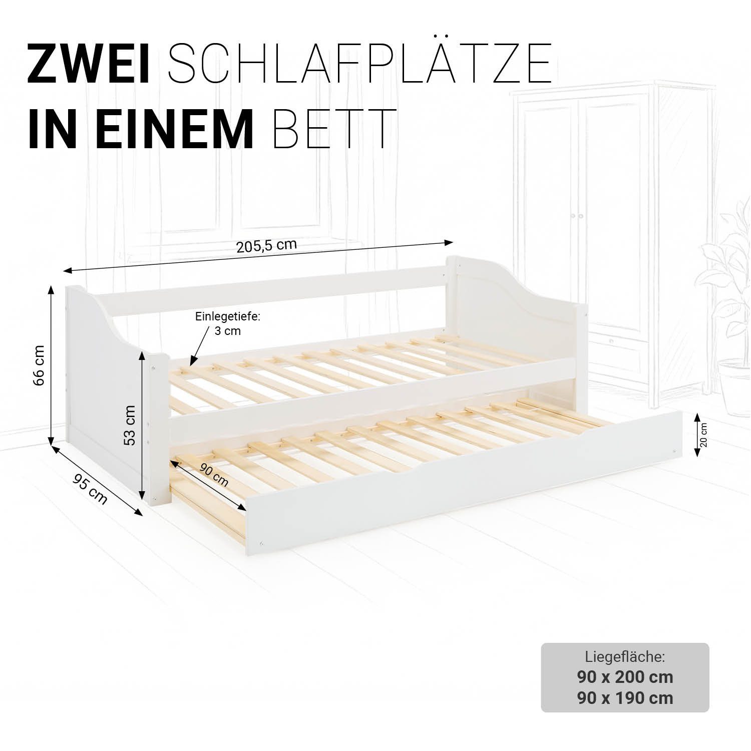 Homestyle4u Ausziehbett 90x200 Holz Gästebett mit Ausziehfunktion 2 Liegeflächen Doppelbett (Komplett-Set mit 2x Lattenrost), 2x 90x200, 2 Personen/Kinder, Stauraumbett