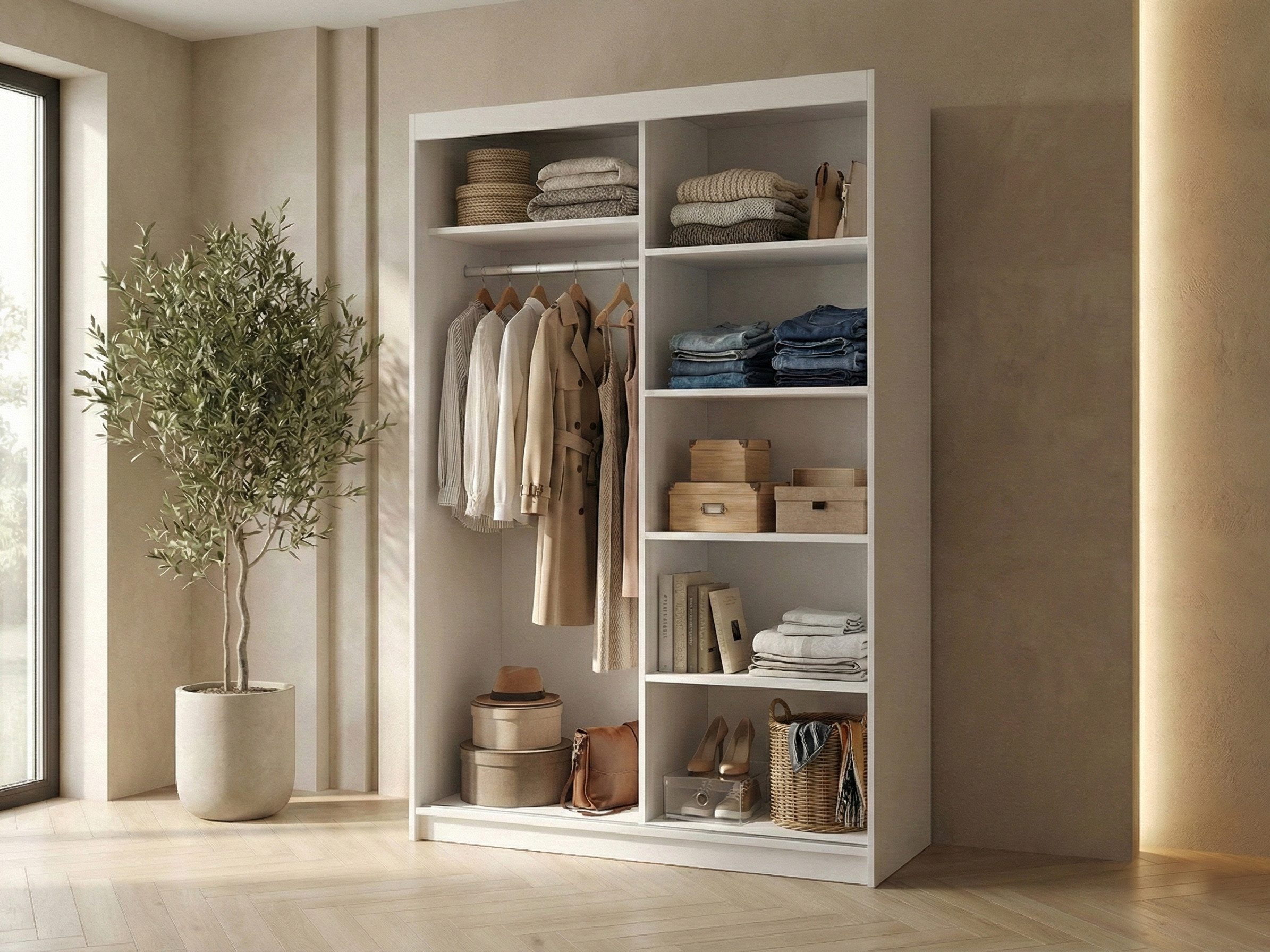Beautysofa Kleiderschrank HELA moderner Kleiderschrank mit Spiegel (Schiebetürenschrank mit Kleiderstange und Regalböden, Schrank für Schlafzimmer, Flur & Ankleidezimmer) wahlweise ohne oder mit Schubkasteneinsätzen