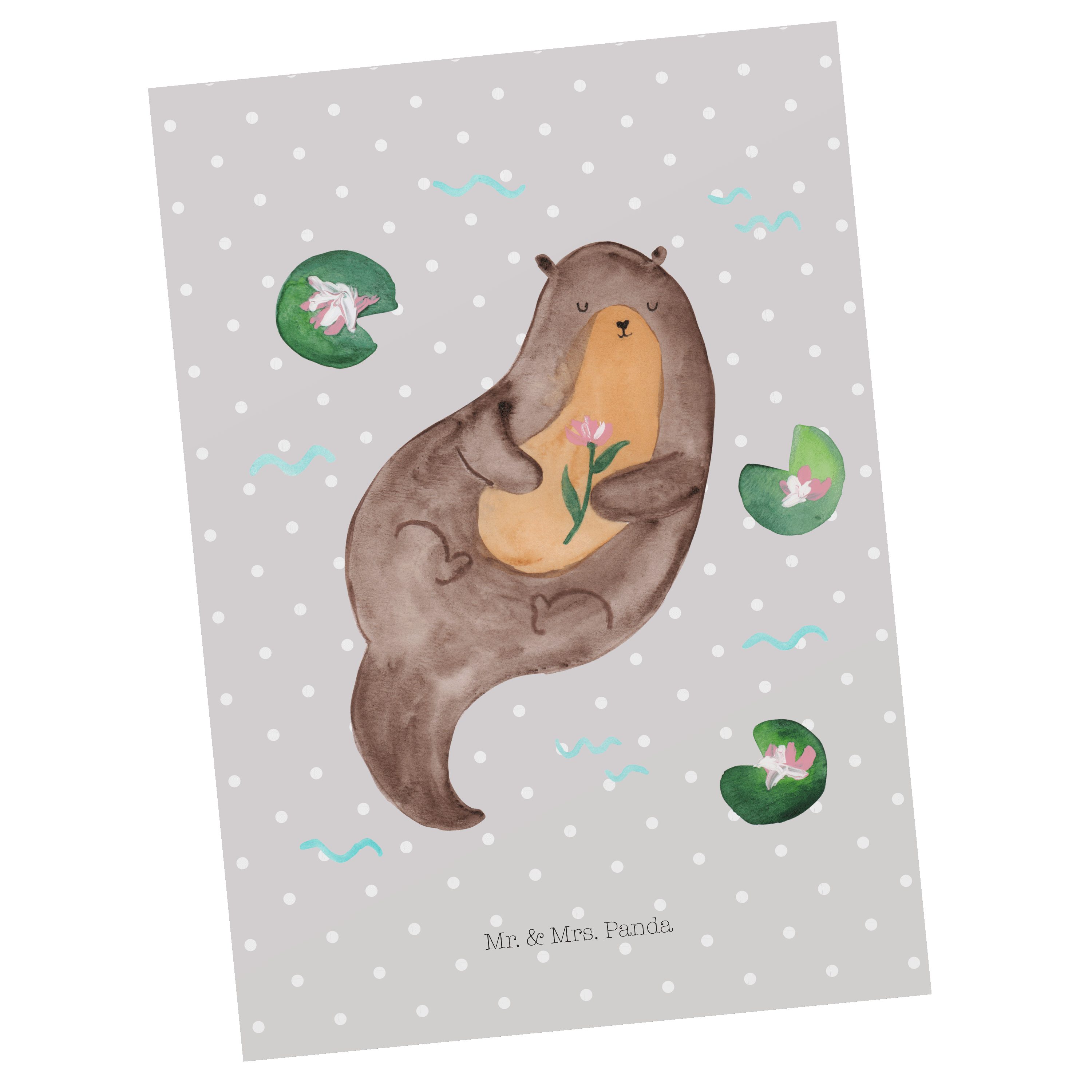 Mr. & Mrs. Panda Postkarte Otter mit Seerose - Grau Pastell - Geschenk, Geburtstagskarte, Wasser