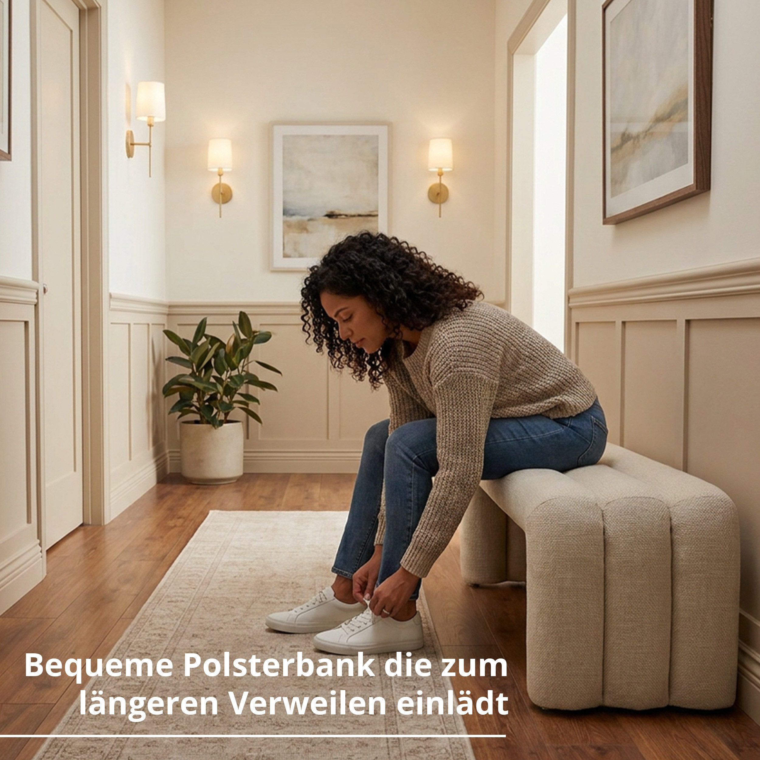 KHG Sitzbank minimalistische Bank 130x43 cm Flachgewebe Beige (Indoor-Bank), Weiches Schaumstoffpolster, Wangengestell bis 220 kg belastbar – Bild 3 von 5
