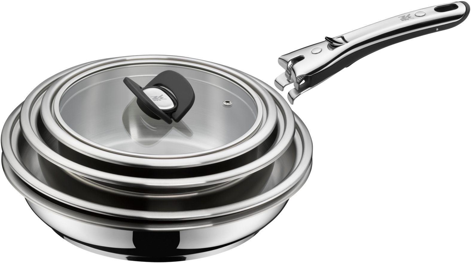 WMF Pfannen-Set Click&Serve Pfannen Set, 3-teilig, Cromargan Edelstahl rostfrei 18/10 (1x Bratpfanne beschichet ohne Griff 24 cm, 1x Bratpfanne beschichet ohne Griff 28 cm, 1x abnehmbarer Griff, 2-tlg., Bratpfanne ohne Griff, Bratpfanne ohne Griff, abnehmbarer Griff), 360°-Rundumbefestigung, tropffreies Ausgießen, TransTherm-Allherdboden
