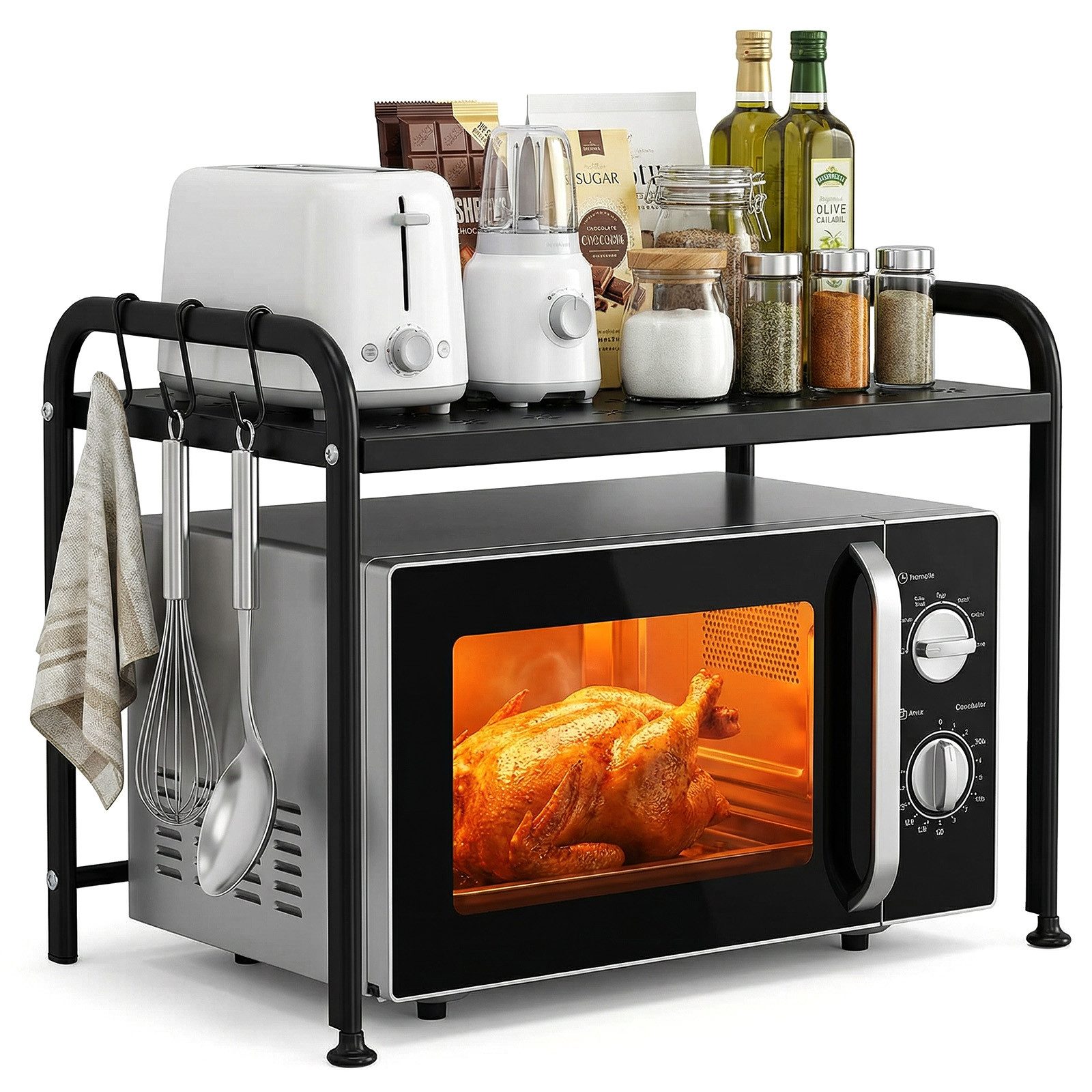 Sekey Mikrowellenteller Mikrowellenregal mit Ablage und 3 Haken Küchenregal Metall Schwarz