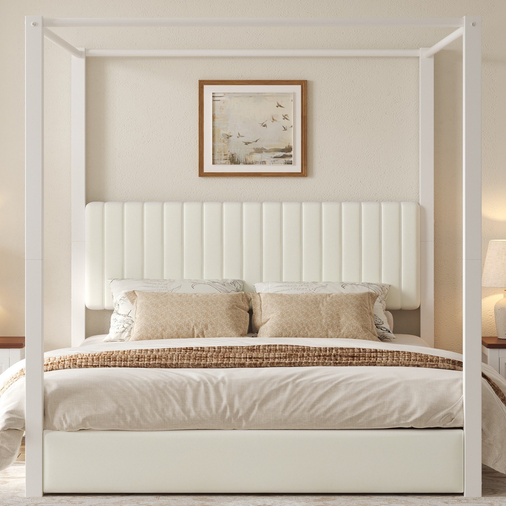 Flieks Himmelbett, Polsterbett Doppelbett 180x200cm mit weicher Rückenlehne, Metallsäulen