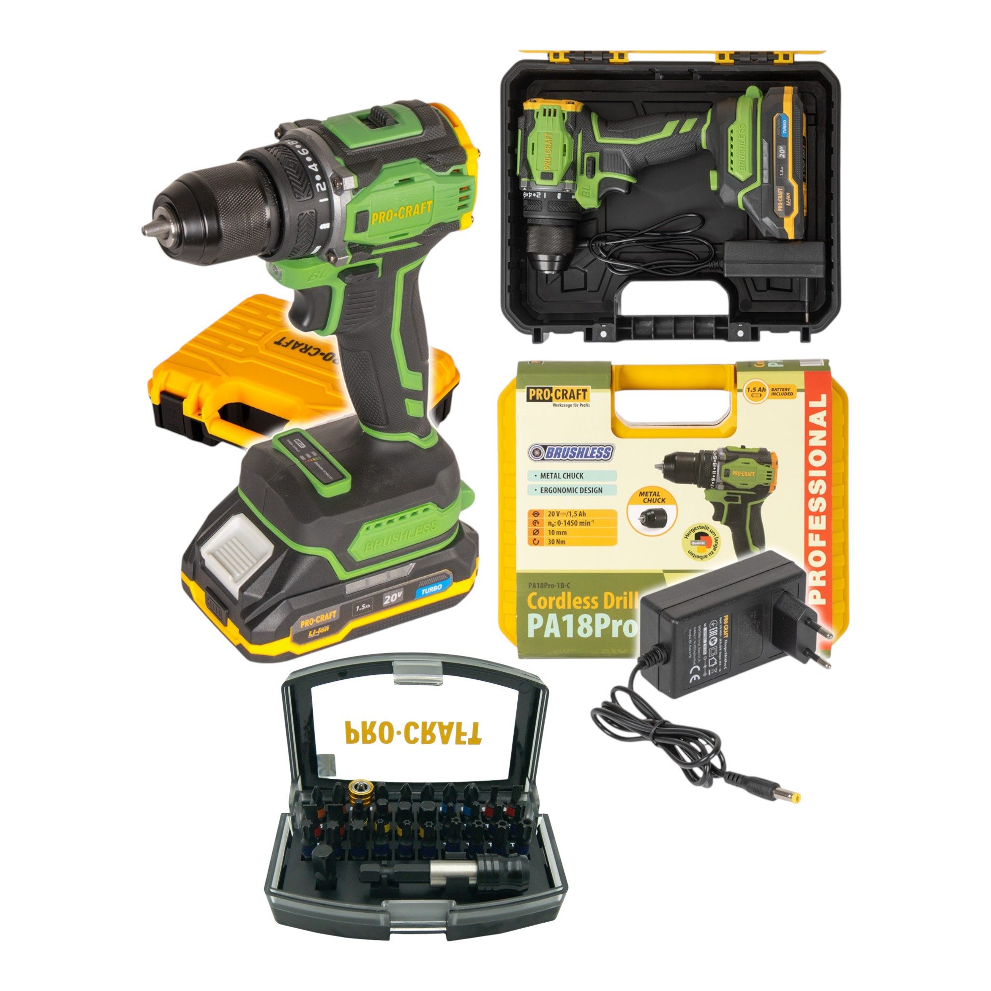 PRO CRAFT Akku-Schrauber Procraft PA18Pro Akku Bohrschrauber 20 V 30 Nm + 32 tlg. Bit Set
