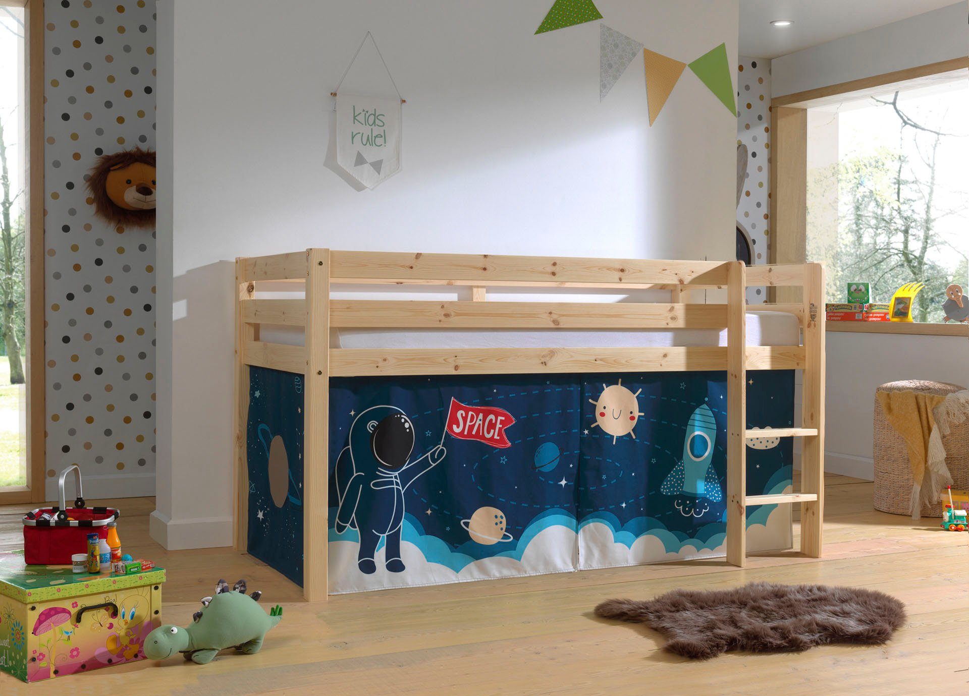 Vipack Spielbett Pino, Kiefer massiv, mit Rolllattenrost u. Textil-Set, Made in Europe (B/H/T ca. 210x114x106cm, mit Leiter und Absturzschutz), verschiedene Textil Dessins, 3 Gestellfarben zur Wahl