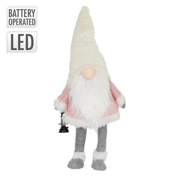 ECD Germany Weihnachtsfigur LED Wichtel-Figur Weihnachtsdeko Weihnachtswichtel Weihnachtszwerg, Warmweiß beleuchtete Laterne und Nase 80cm Rosa-Weiß batteriebetrieben