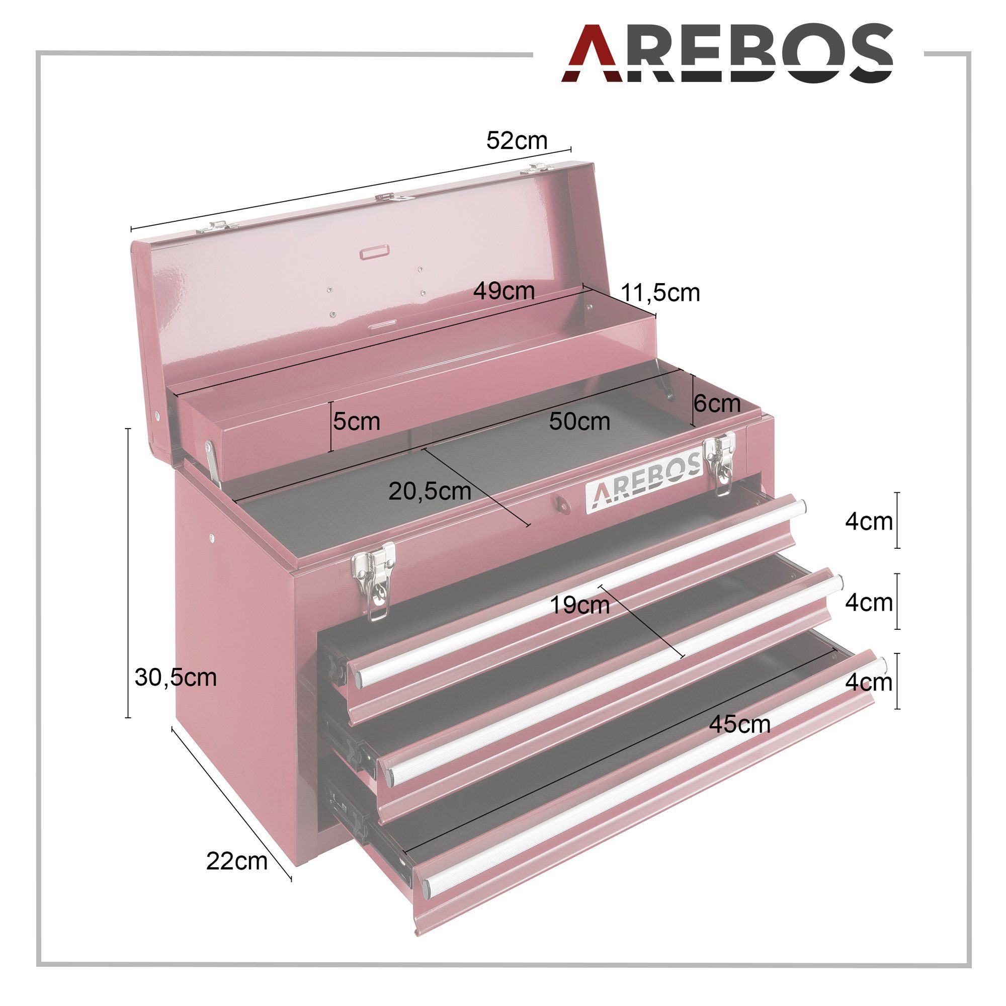 & rot Ablagefächern Arebos 3 Werkzeugkoffer 2 mit Schubladen