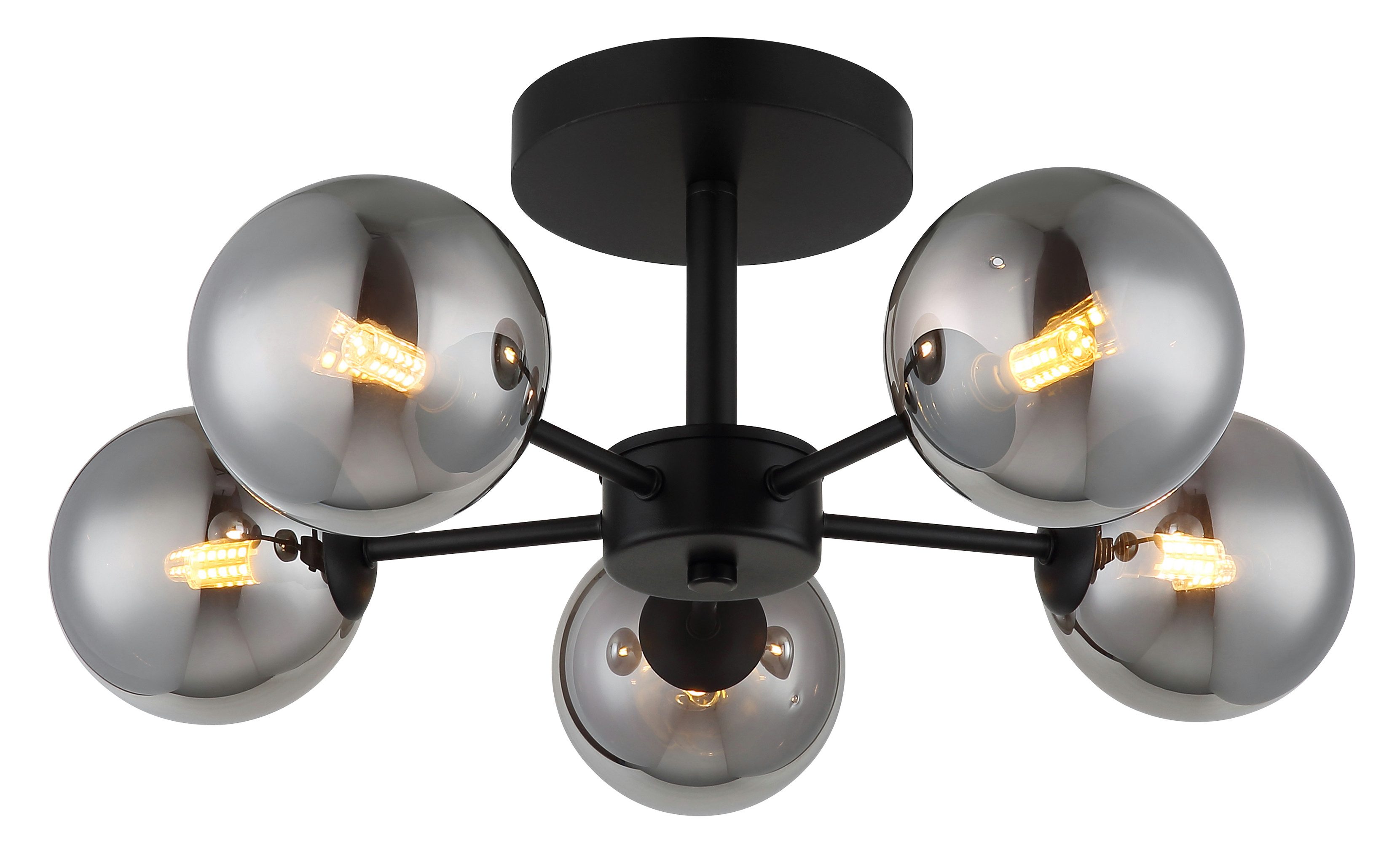 my home Deckenleuchte Alma, ohne Leuchtmittel, Metall schwarz-matt, Glas Rauchfarben/Sandfarben, Ø 50cm, 5xLED exkl.