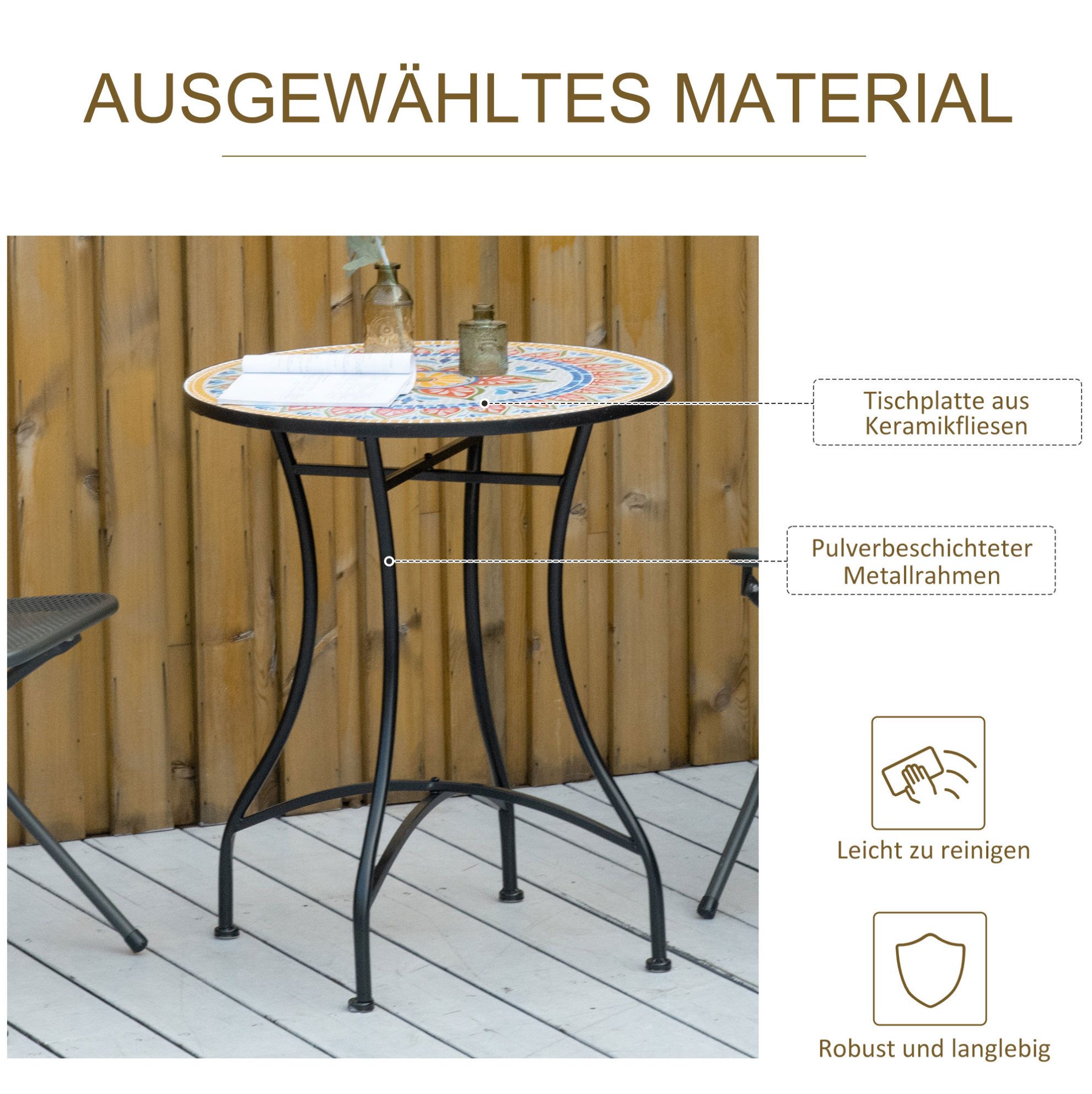MODFU Gartentisch Beistelltisch für Balkon & Terrasse mit Mosaik Tischplatte Ø60 cm (Packung, 1-St., Outdoor Gartentisch rund für Garten & Sitzgruppe geeignet), Runder Mosaik Gartentisch Bistrotisch Keramik Metall Rot/Blau/Weiß