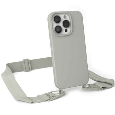 EAZY CASE Handykette Karabiner Breitband für Apple iPhone 14 Pro 6,1 Zoll, Ketten Hülle Transparent Case Kettenhülle abnehmbare Kordel Grau Taupe