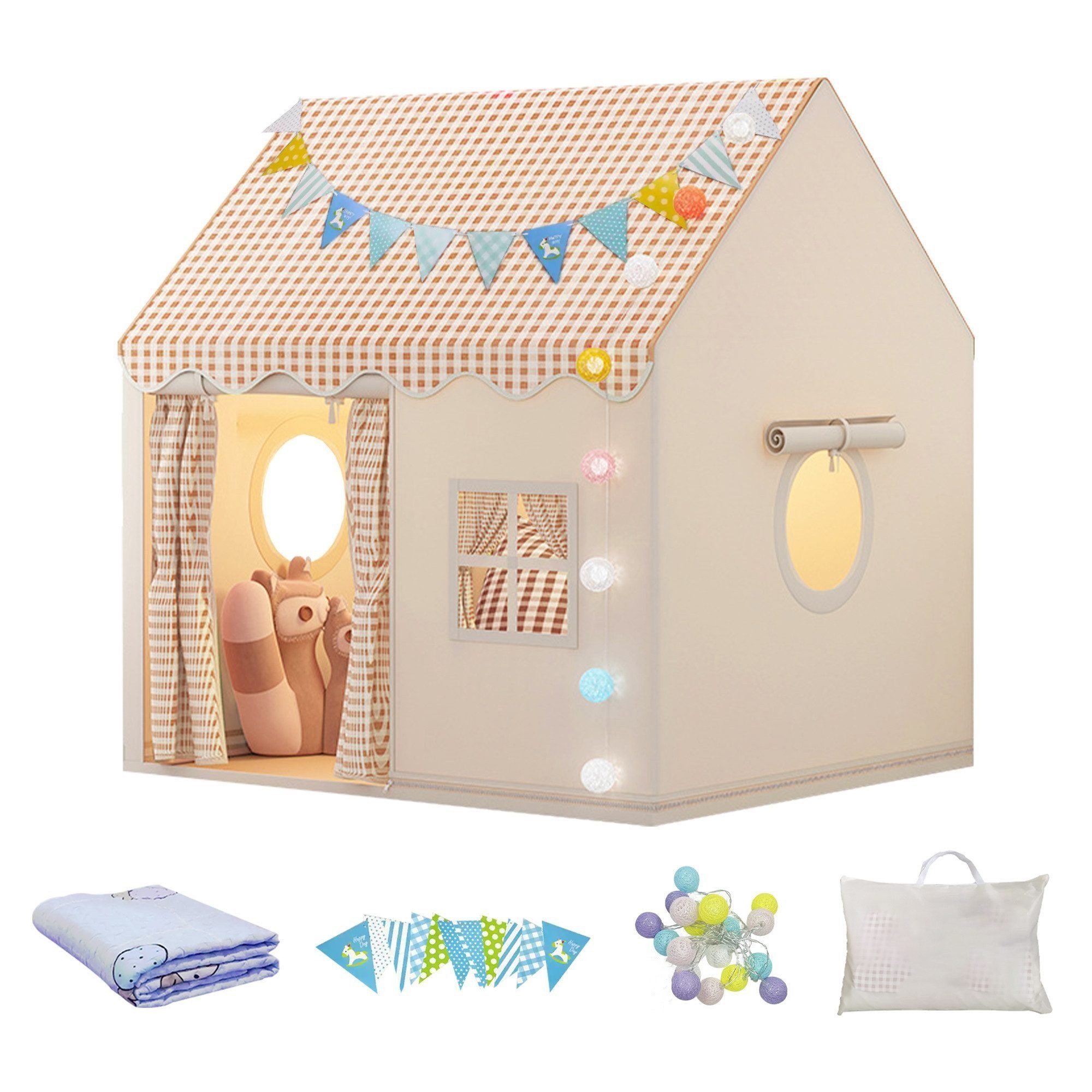 SEHAUSEU Spielzelt Kinderzelt Spielhaus mit Bodenmatte, Lichterkette und Wimpelkette