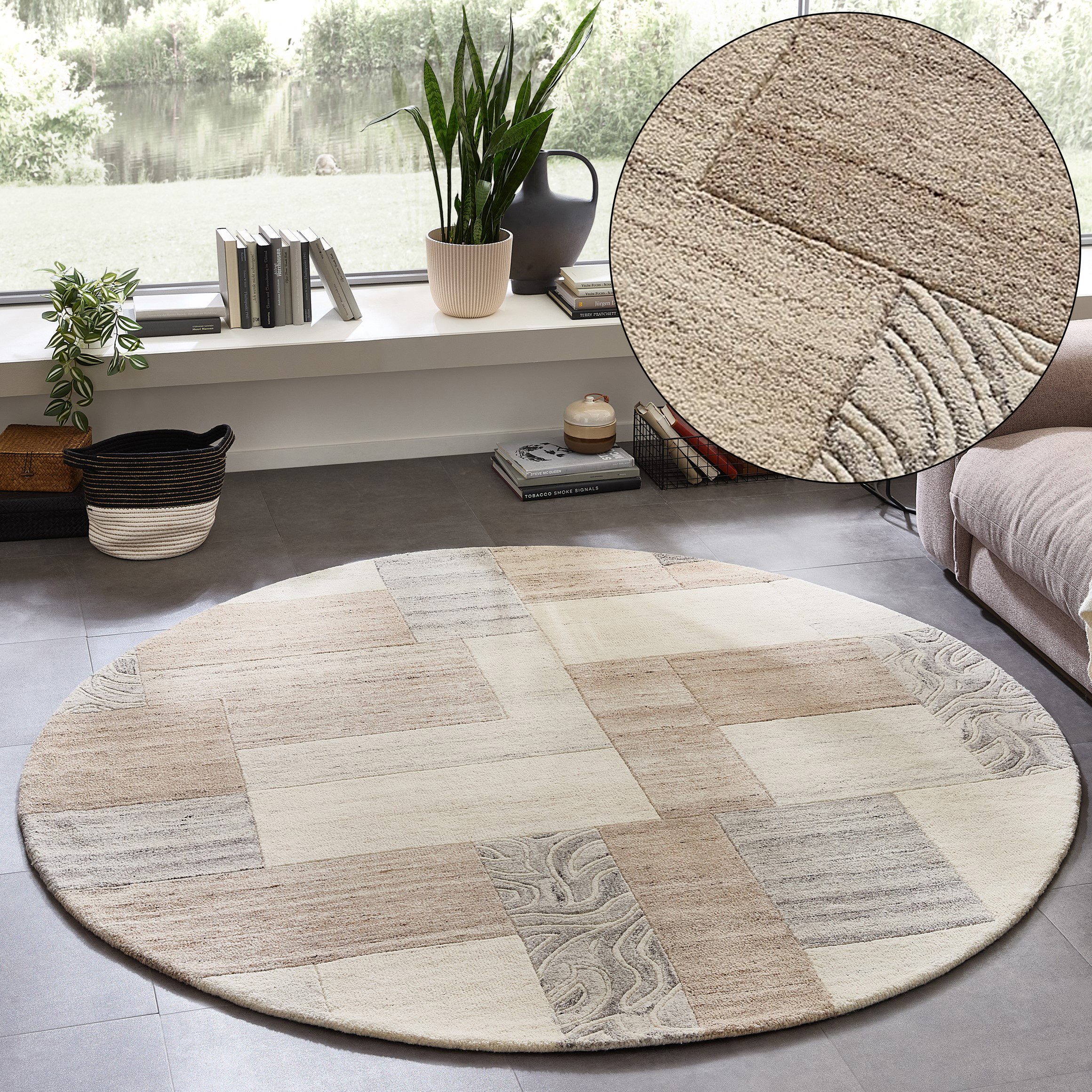 THEKO Wollteppich Lola, Wolle, handgearbeitet, Patchwork Design, rund, Höhe: 12 mm, handgetuftet, Wohnzimmer, Schlafzimmer, Esszimmer