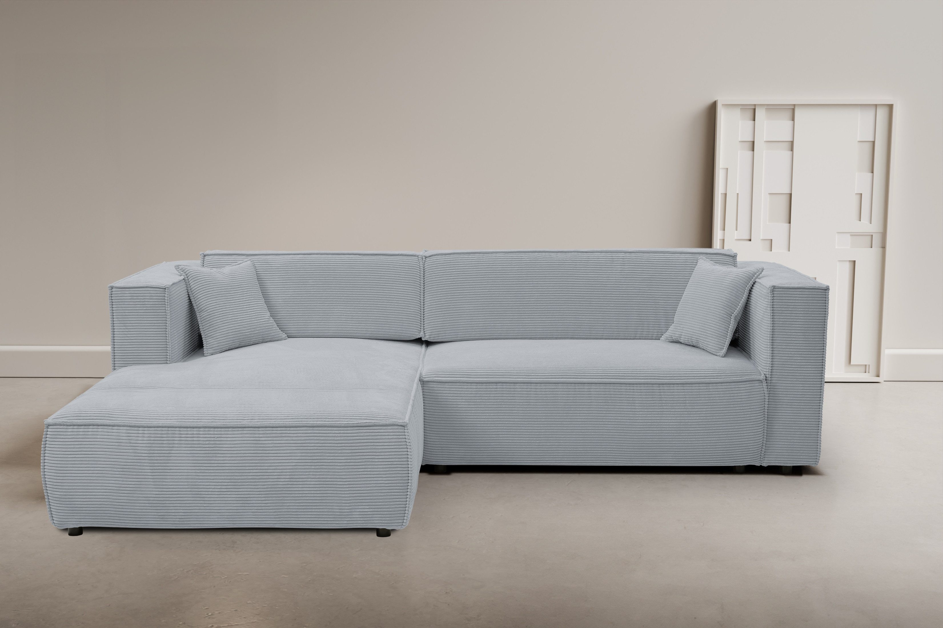 WERK2 Ecksofa Atlanta-New, modernes Design, Stellmaße 295x182 cm, L-Form, Kedernaht, hoher Komfort, Schlaffunktion & Bettkasten, Cord, Grau