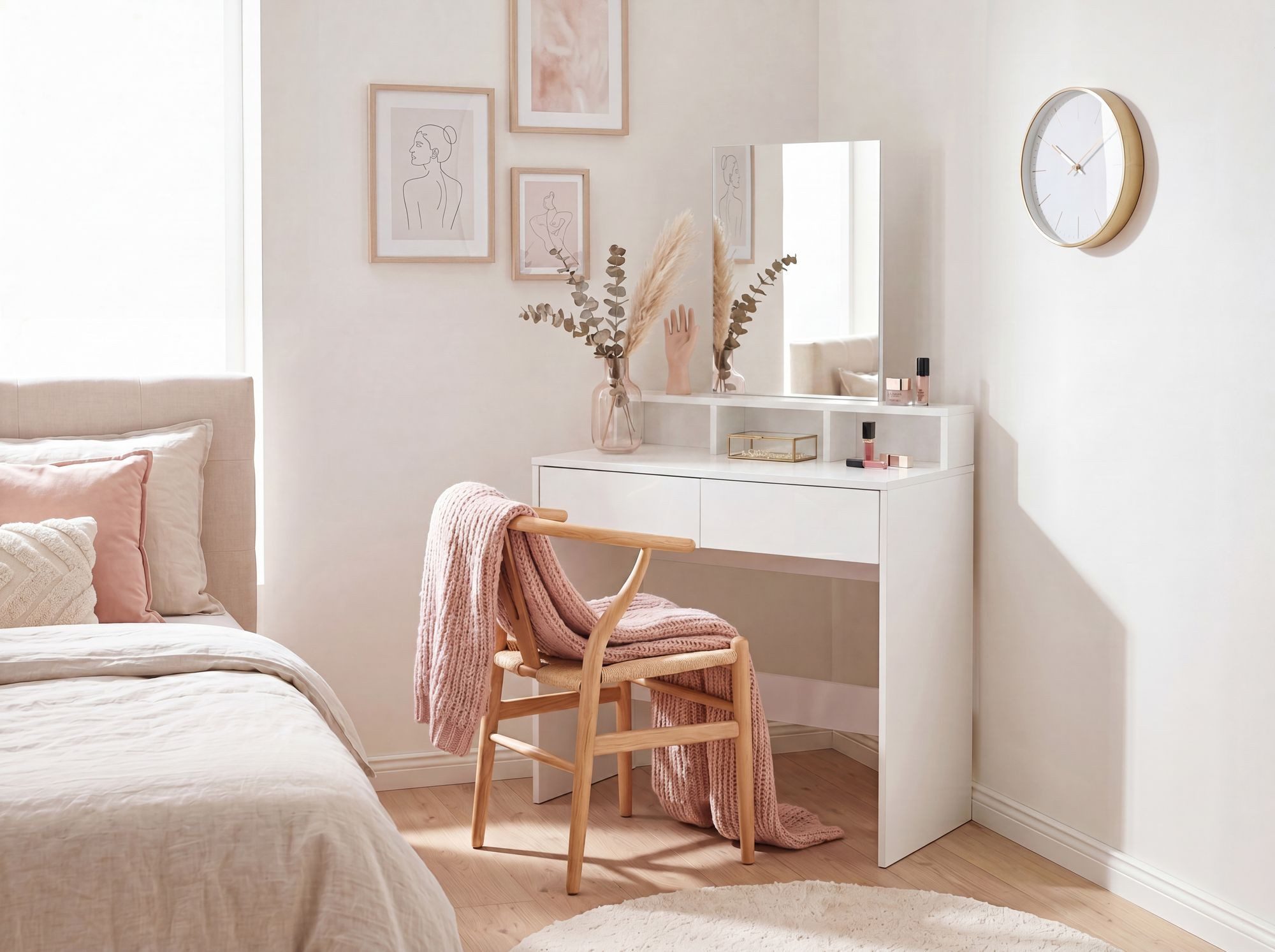 Wohnling Schminktisch WL7.832 Kosmetiktisch 80cm Frisiertisch Weiß Make-Up-Tisch Spiegel (Helle Frisierkommode für das Schlafzimmer), Kratzfeste Oberfläche dank Melaminharzbeschichtung