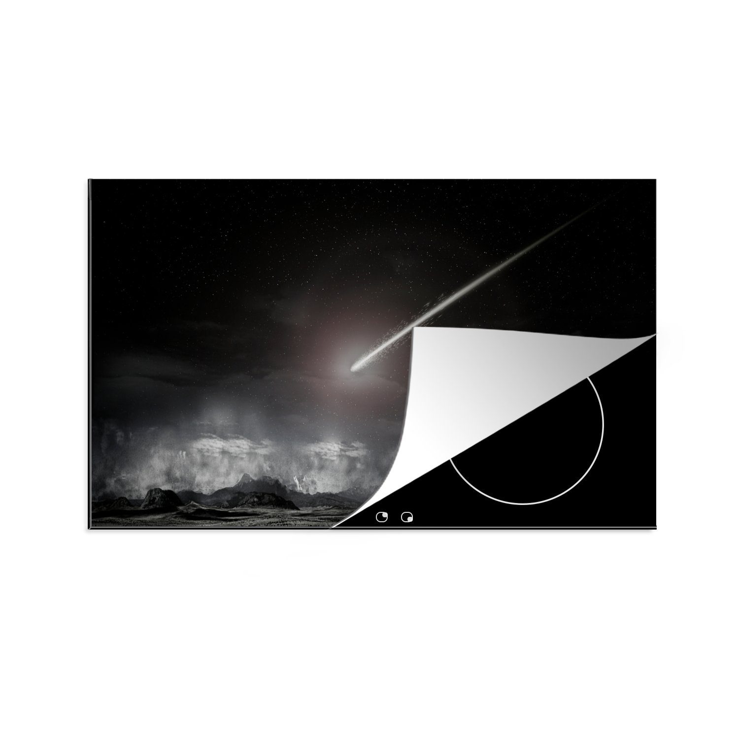 MuchoWow Herdblende-/Abdeckplatte Ein Komet über einer fernen Landschaft, Vinyl, (1 tlg), 81x52 cm, Induktionskochfeld Schutz für die küche, Ceranfeldabdeckung