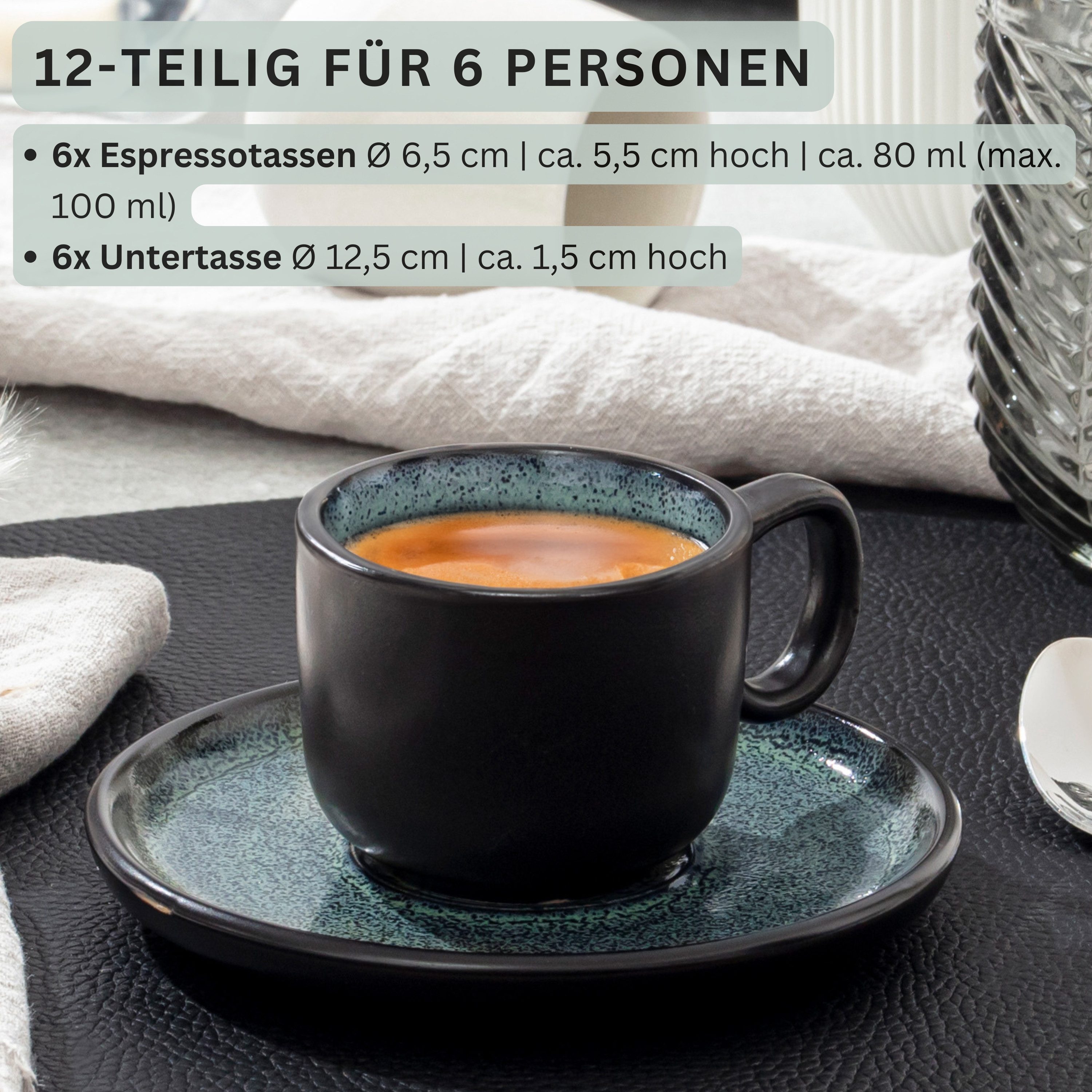 SÄNGER Espressotasse Set Malmö 12 tlg., 12-tlg., Steingut, Grün-Schwarz, 80 ml, Erweiterbar, Handmade, VALUE COLLECTION