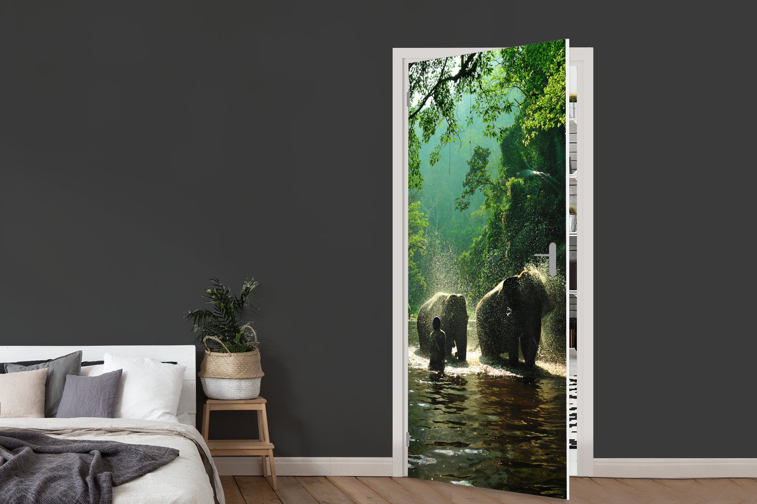 - Tiere, Türaufkleber, Matt, - MuchoWow 75x205 Bäume Fototapete Tür, Türtapete - Elefant bedruckt, St), Grün (1 - Wasser cm für