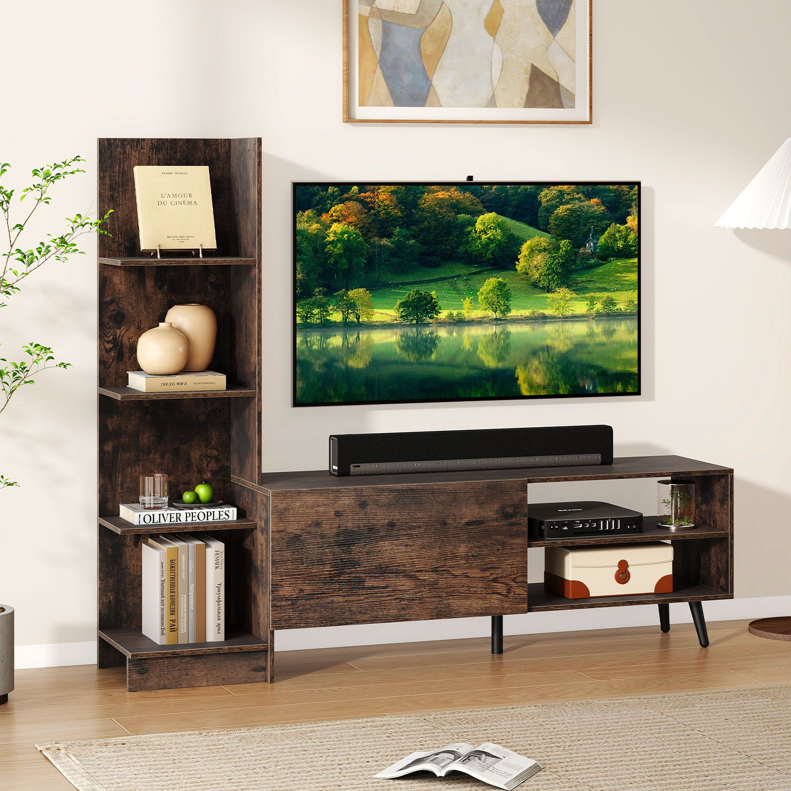 COSTWAY TV-Schrank mit Bücherregal & verstellbarem Regal Fernsehtisch 140cm günstig online kaufen