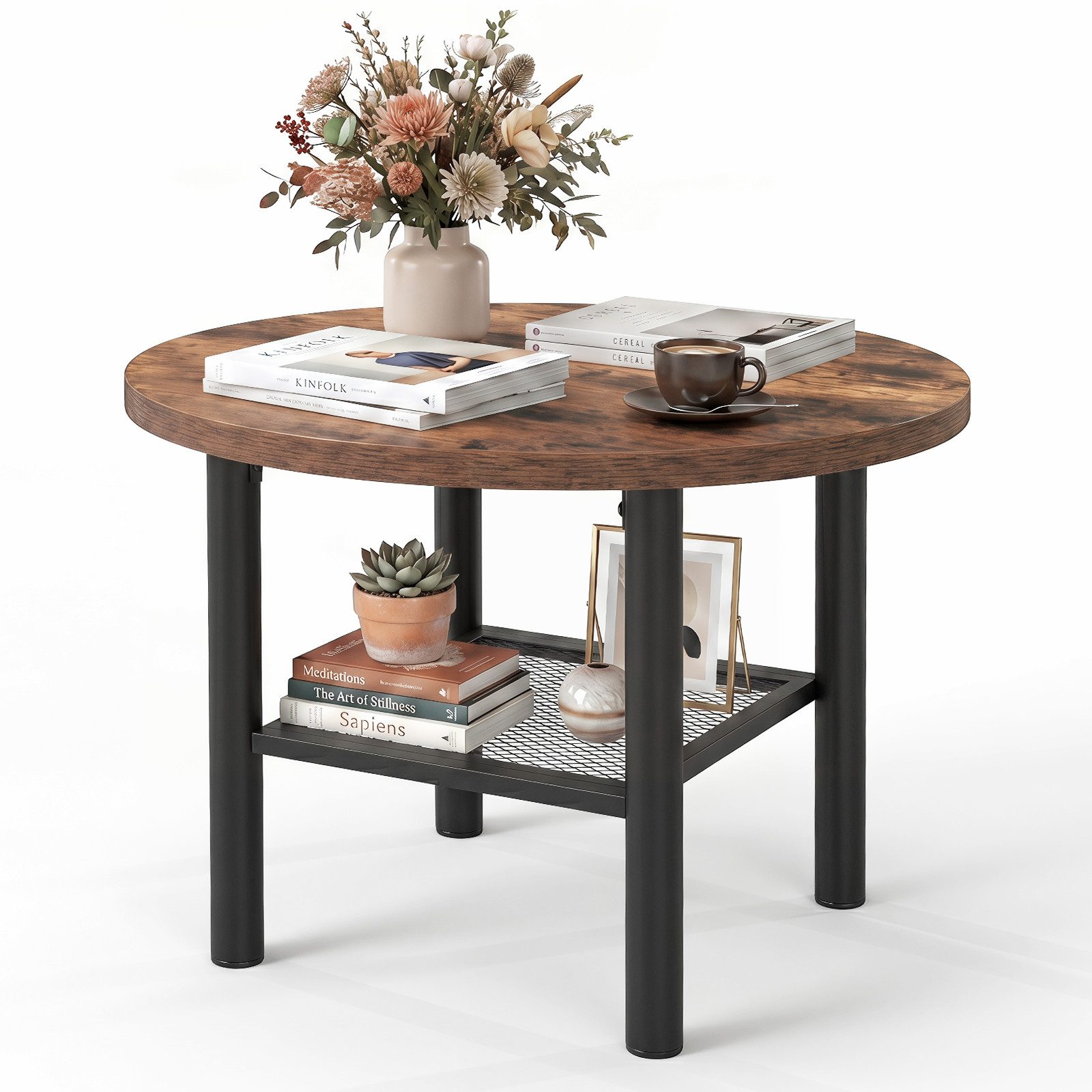 COSTWAY Couchtisch rund Metall braun mit Stauraum, Wohnzimmertisch 60x60cm
