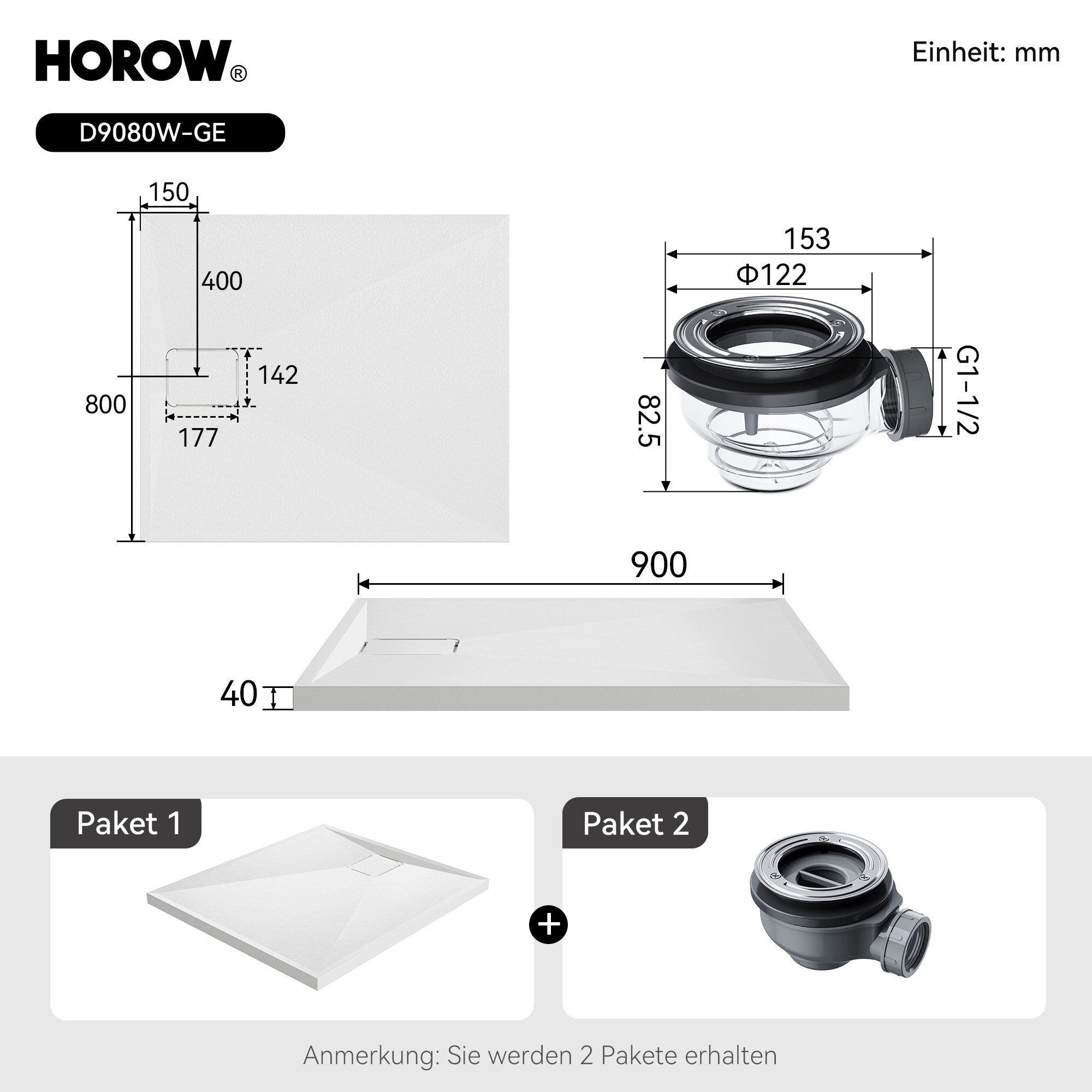 HOROW Rechteckduschwanne Duschwanne Acryl Rechteckig Duschtasse Set inkl. Ablassschraube, inkl. Ablassschraube, Acryl, Set, Duschtasse Set, LxBxH: 90x80x4cm ode – Bild 5 von 5