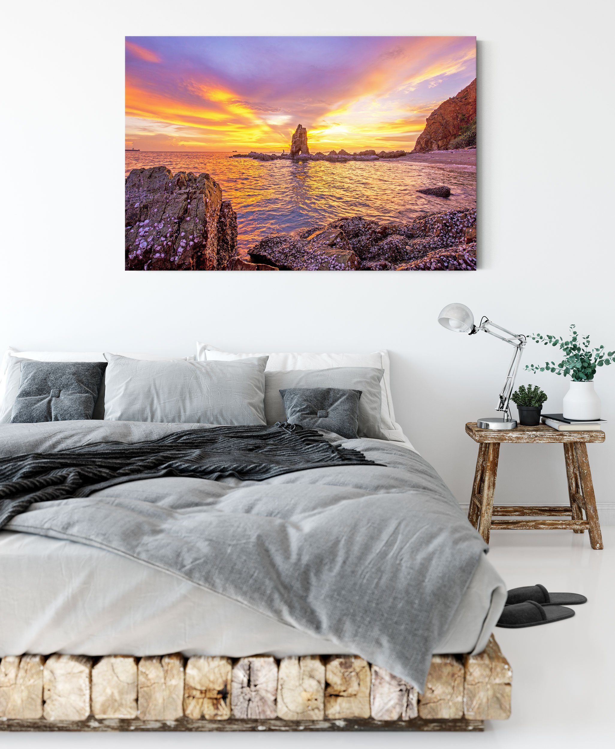 Pixxprint Leinwandbild Küstenlinie mit Sonnenuntergang, inkl. (1 St), Küstenlinie mit Zackenaufhänger Sonnenuntergang fertig Leinwandbild bespannt