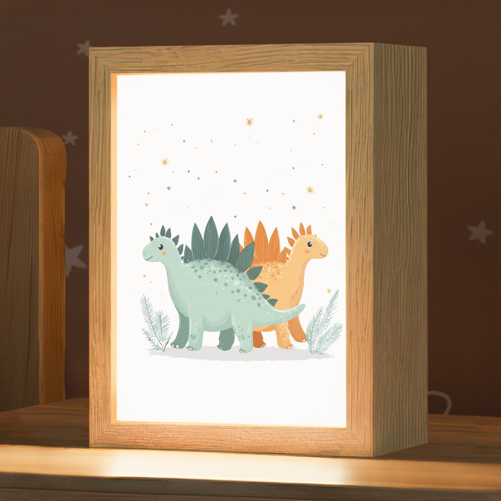 OnlyWow Nachttischlampe Lightbox Pflanzen - Sterne - Dinosaurier - Orange - Jungen, Dimmbar, Farbwechsel, LED, Warmweiß, Kaltweiß, Neutralweiß Einstellbar, Kinderzimmer, Babyzimmer, Dimmbar, mit Kabel, Nachtlampe, LED