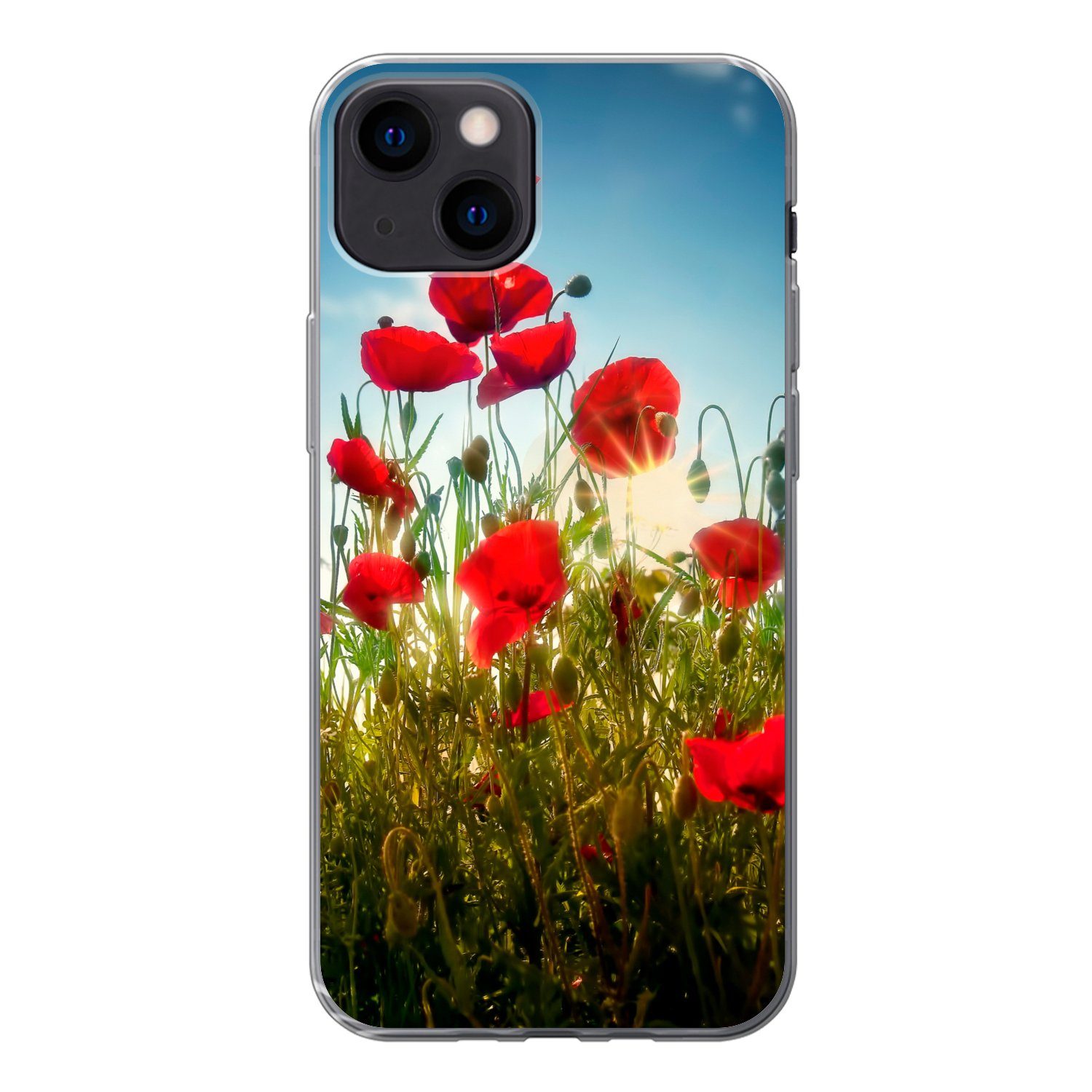 MuchoWow Handyhülle für Apple iPhone 13 Mohnblumen - Toskana - Sonne - Rot - Blau, Smartphone-Bumper, Print, Handy Schutzhülle Dünn