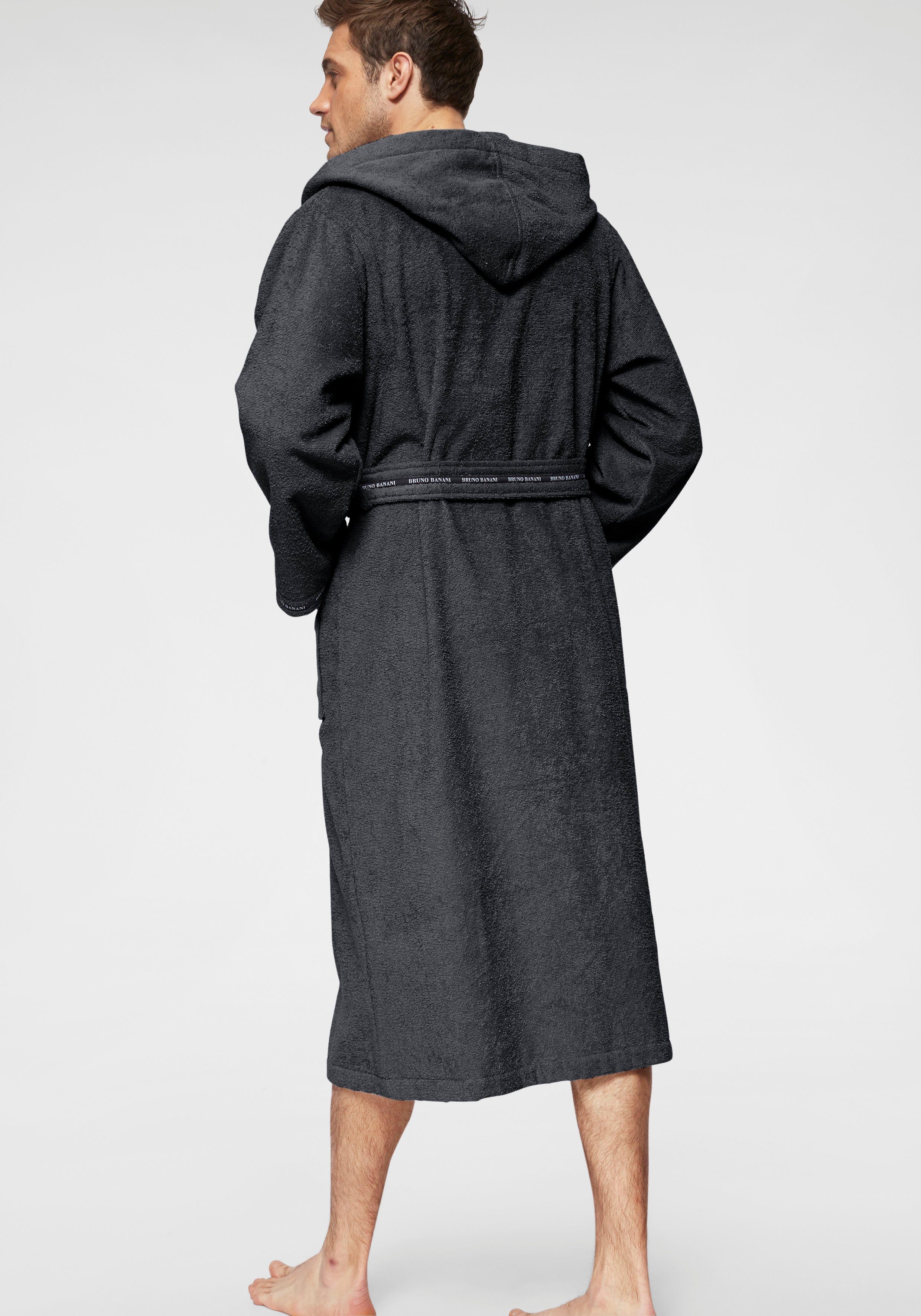 Bruno Banani Herrenbademantel Danny, Normallänge & Überlänge, auch in extra lang, Hotelbademantel, Langform, Walkfrottee, Kapuze, Gürtel, mit Logostreifen, Herren Bademantel aus 100% Baumwolle, S-4XL