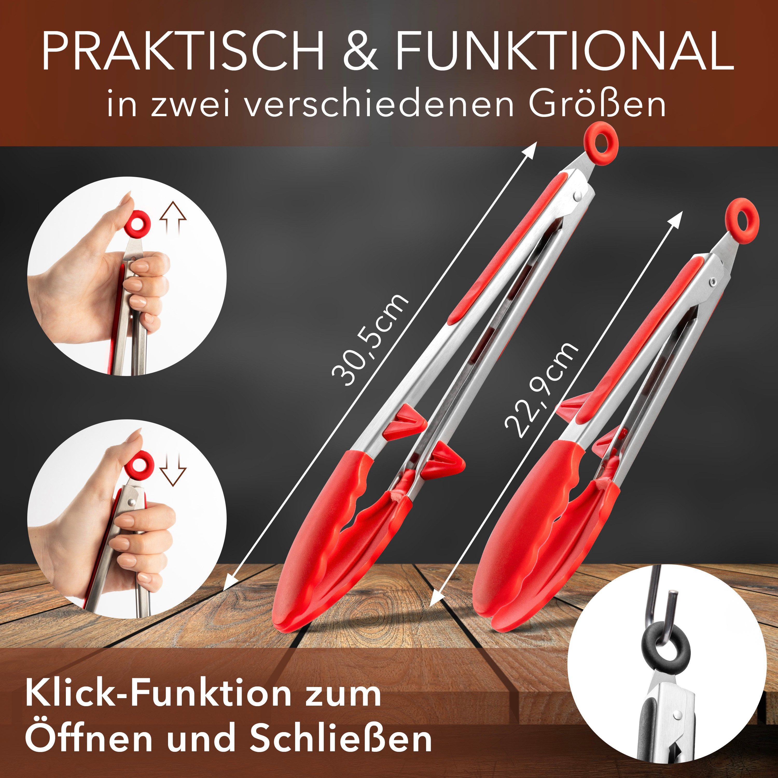 AVANA Kochzange Edelstahl Küchenzange Silikon Grillzange Zange Kochen Mehrzweckzange, mit integriertem Standfuß, 2er Set – Bild 4 von 5