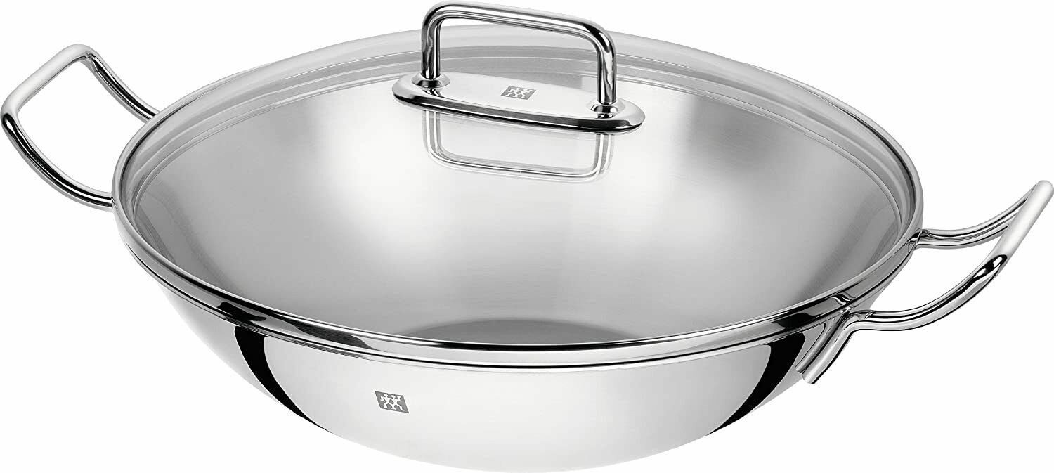 Zwilling Servierpfanne Zwilling Wok Pro Edelstahl 32 cm mit Glasdeckel Gittereinsatz silber