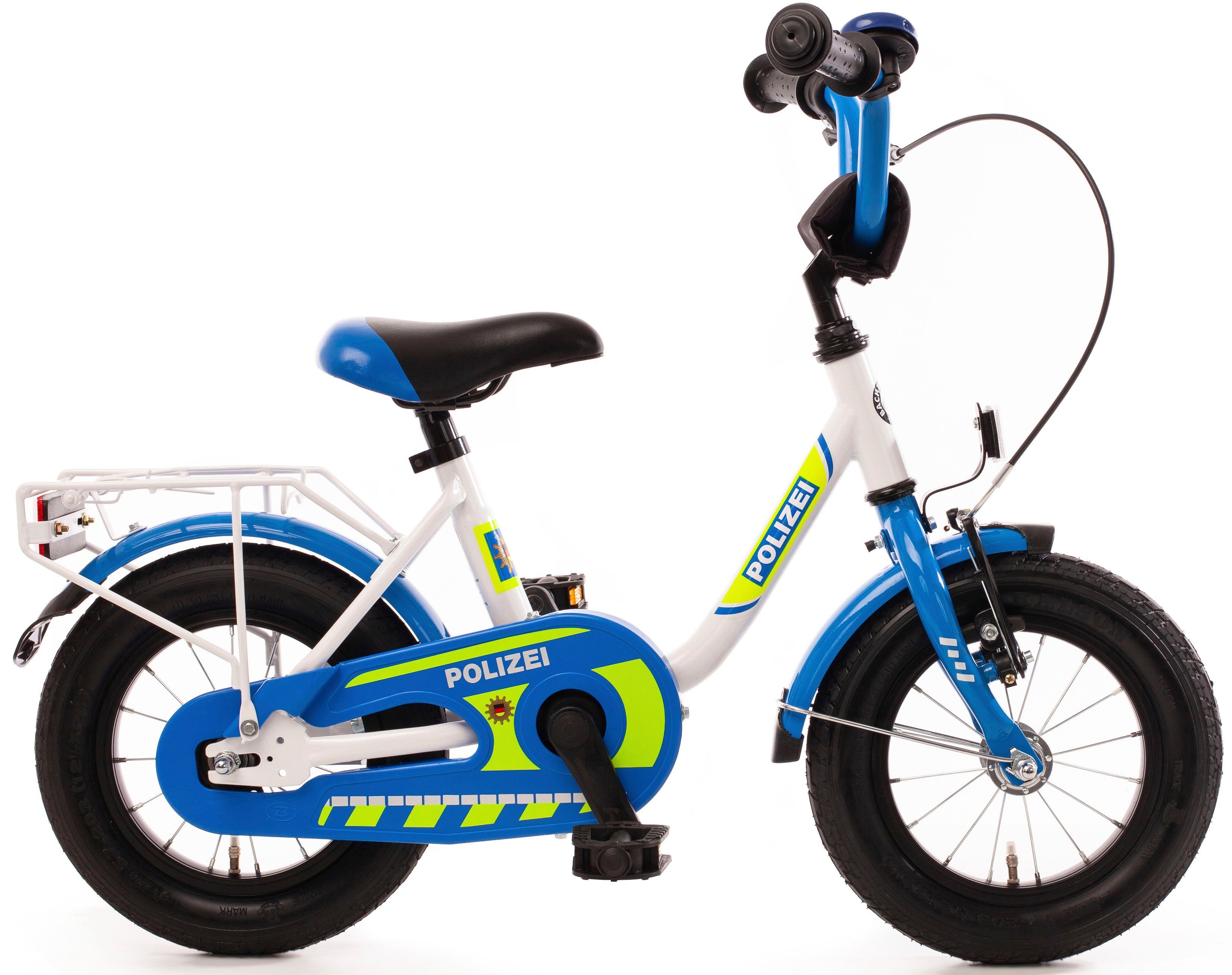 Bachtenkirch Kinderfahrrad 12" Kinderfahrrad "POLIZEI" kristall-weiß/blau/neon, 1 Gang, ohne Schaltung