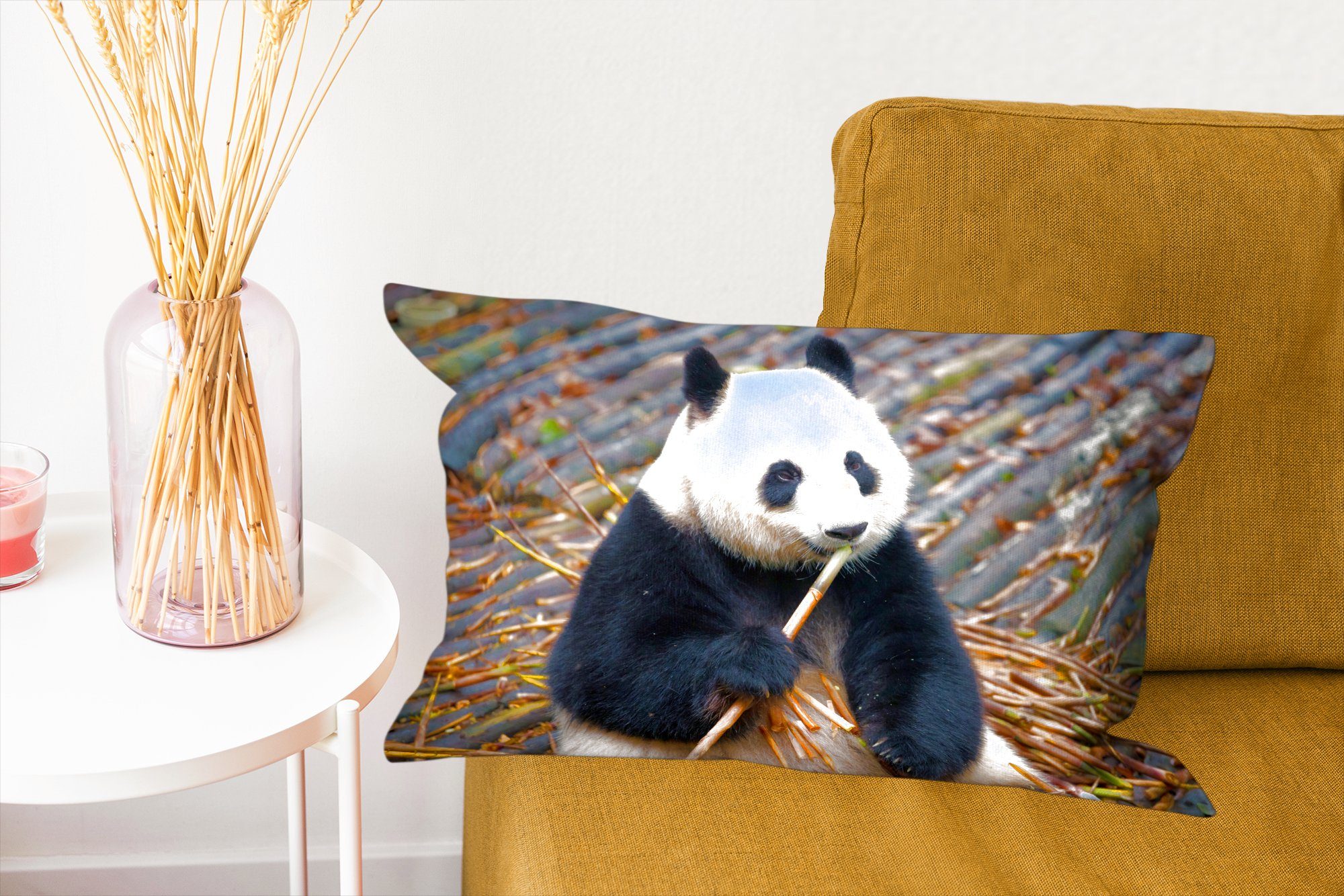 Schlafzimmer Zierkissen, Panda mit - Dekokissen Blätter, MuchoWow Dekoration, Dekokissen - Füllung, Bambus Wohzimmer Großer
