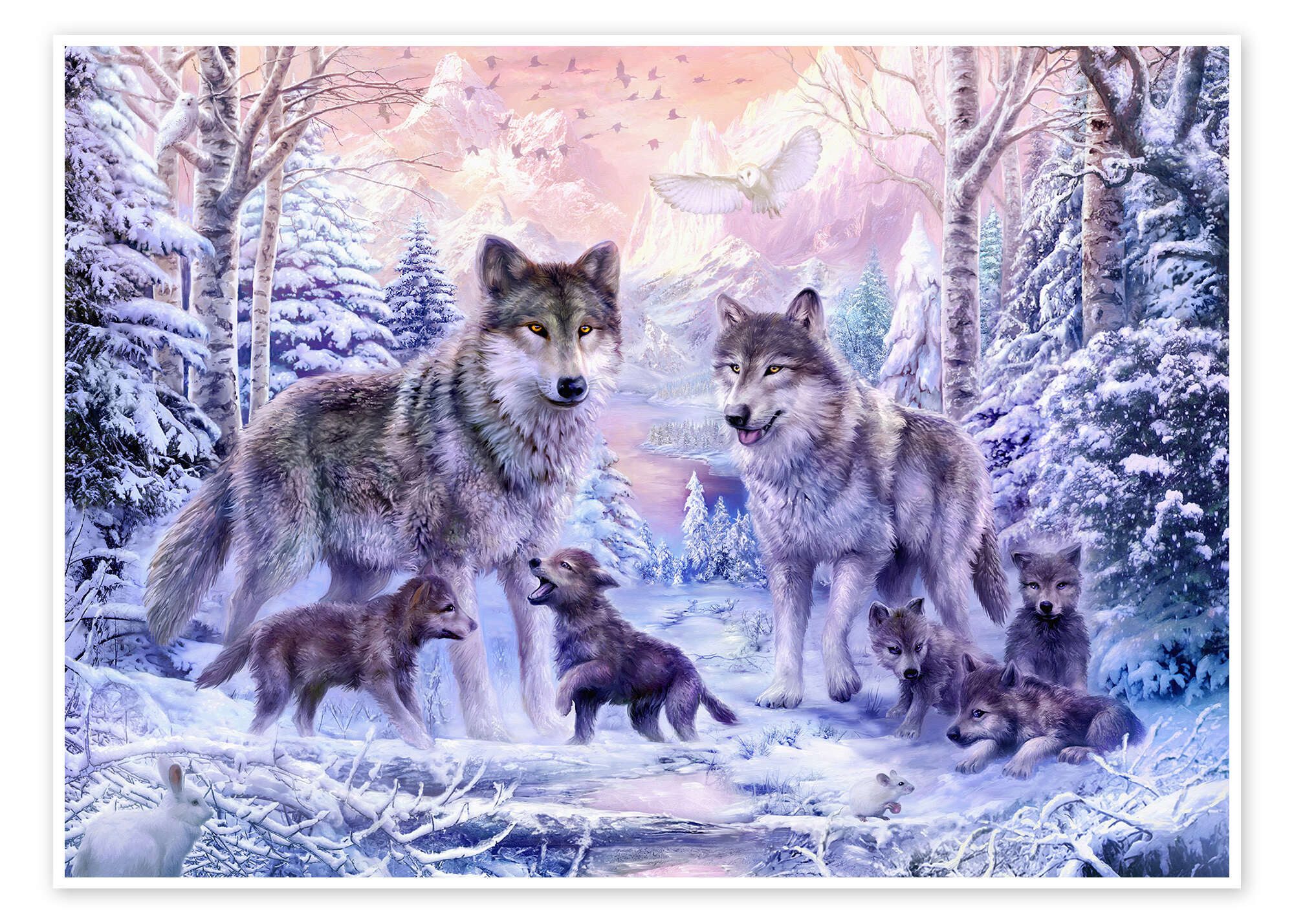 Wandbild Wolffamilie im Winter