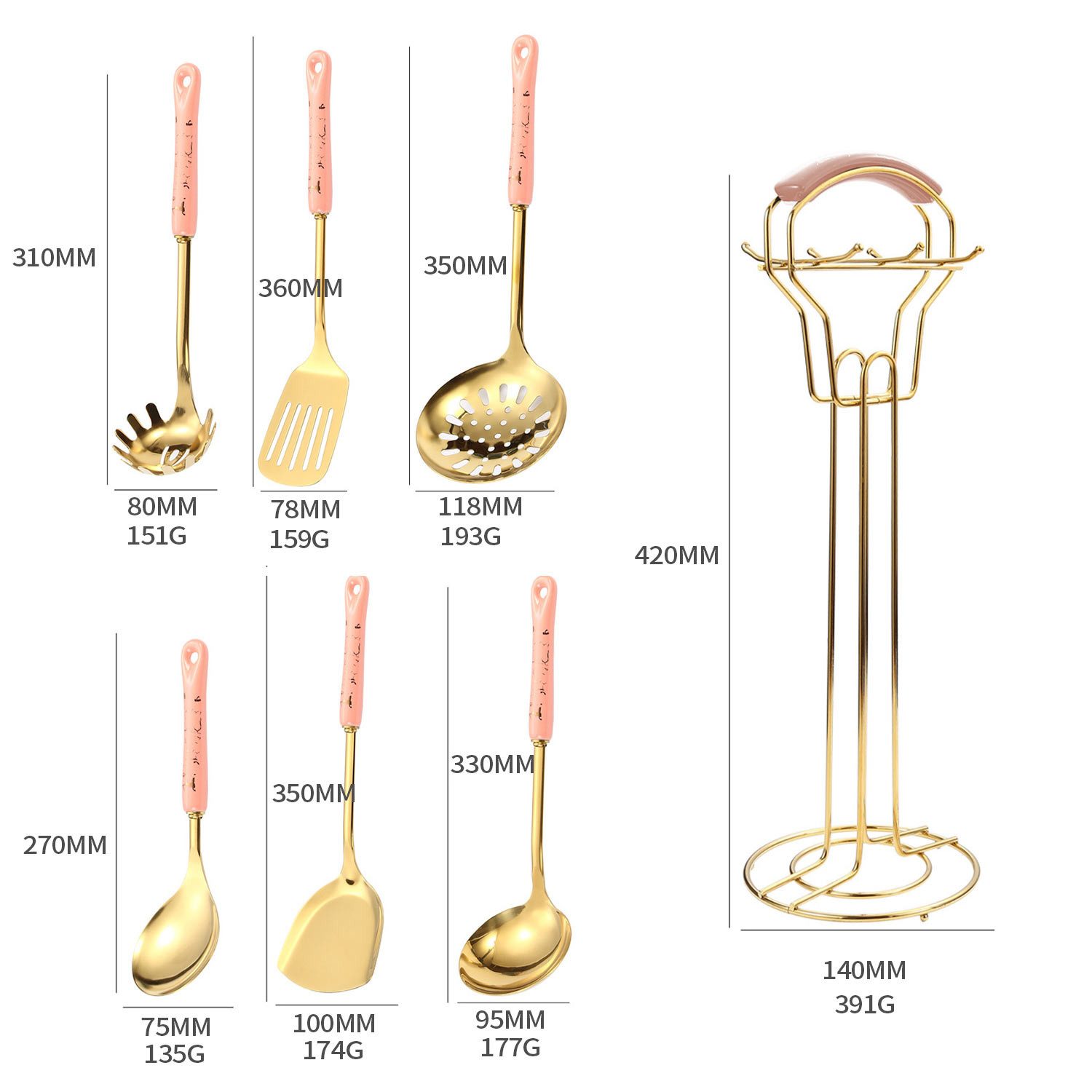 Refttenw Kochbesteck-Set Edelstahl Kochgeschirr-Set mit Ständern (7-tlg., Schaufel/Löffel/Ständer), Spülmaschinenfest, Goldbeschichtung Politur