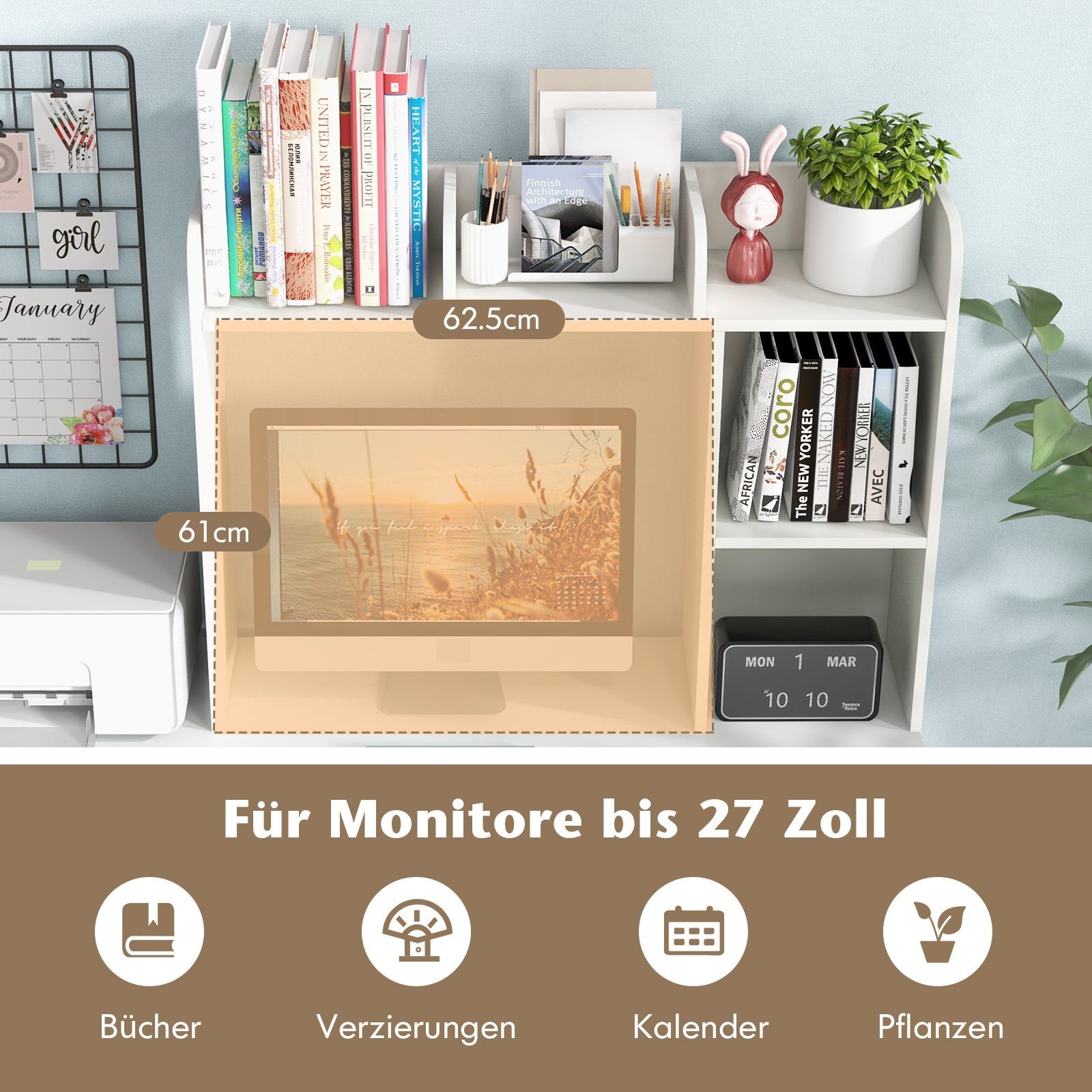 COSTWAY Regal-Schreibtisch, mit 4 Ablagen, offenem Fach, bis 45kg, 94x25x74cm