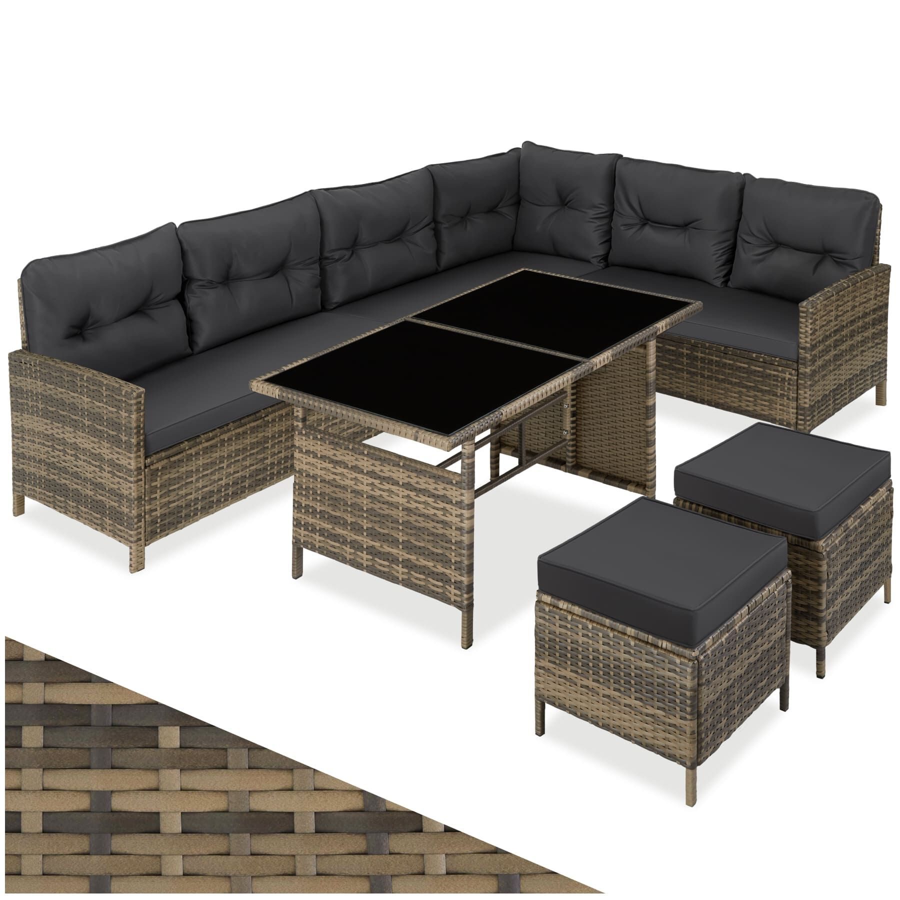 tectake Loungeset Rattan Sitzgruppe mit Sicherheitsglasplatten, für 6 bis 8 Personen, (Gartenlounge-set Barletta, 6-tlg., geeignet für Outdoor in Natur), widerstandsfähig und UV-beständig, dicke Rückenkissen