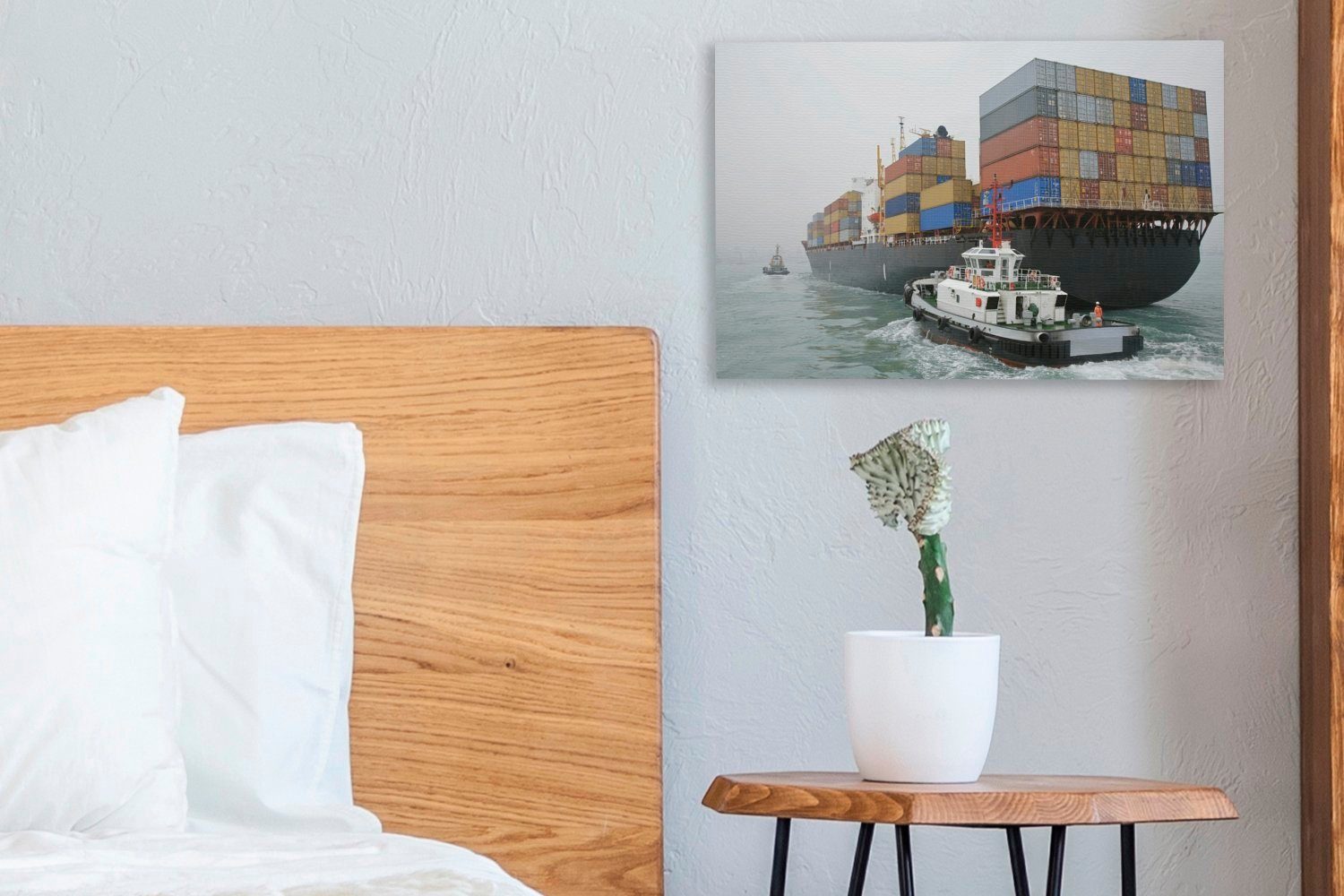 OneMillionCanvasses® her, Wandbild fährt einem Leinwandbilder, cm St), 30x20 Containerschiff Aufhängefertig, Schlepper (1 Leinwandbild Wanddeko, neben