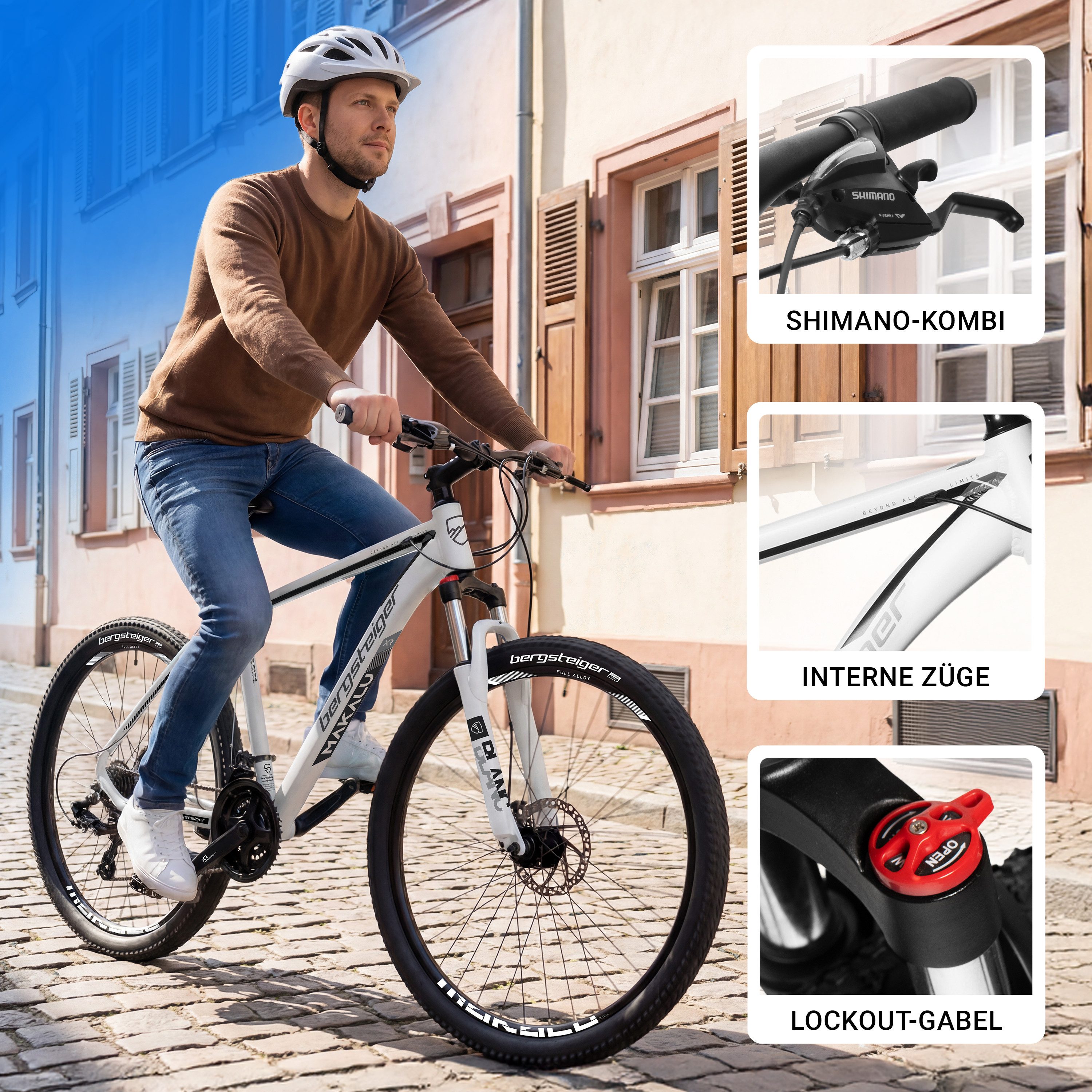 bergsteiger Mountainbike Makalu 26, 29 Zoll Mountainbike Alu, geeignet ab 150 cm, Damen, Herren, 21 Gang Shimano Tourney RD-TY300 Schaltwerk, Kettenschaltung, Scheibenbremsen