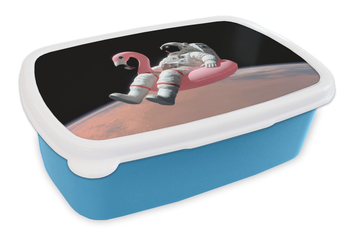 MuchoWow Lunchbox Astronaut - Flamingo - Schwimmband - Rosa, Kunststoff, (2-tlg), Brotdose, Lunchbox, Brotbox für Kinder und Erwachsene