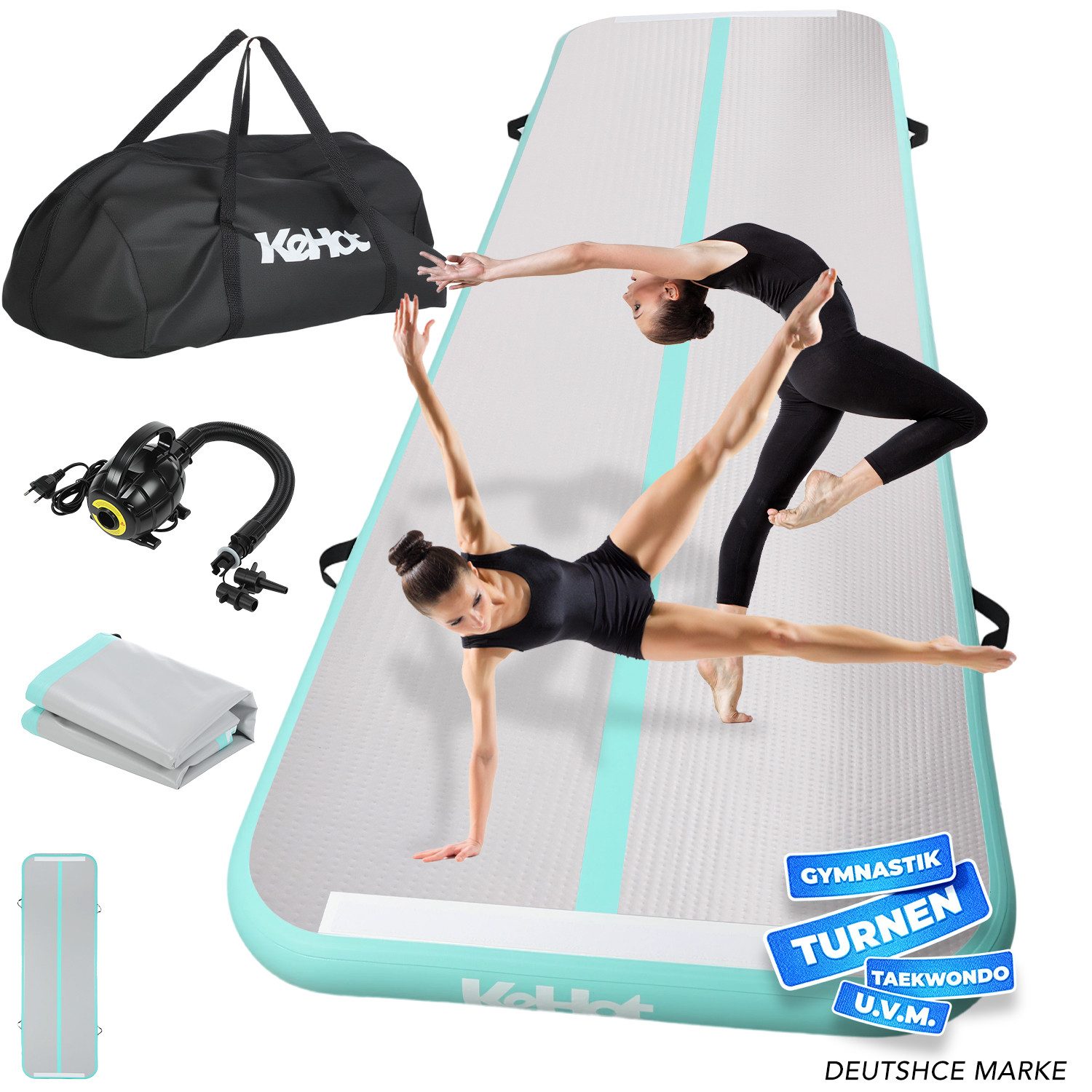 kehot Gymnastikmatte Aufblasbare Turnmatte mit Elektropumpe – Gymnastikmatte 3m (Luftmatte für Training, Yoga, Cheerleading & Zuhause, 600W Elektrische Pumpe, 10 cm Dick, Robust & Rutschfest), Robustes Kunststoffmaterial, Tragbar mit Tasche, für Kinder,Er