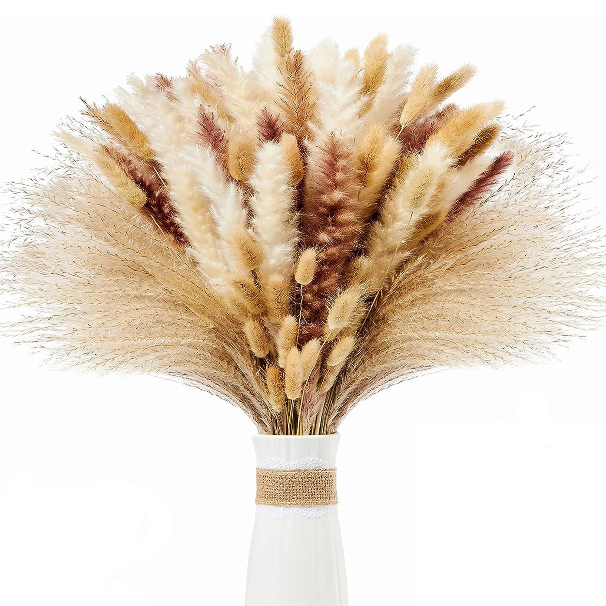 Trockenblume Pampasgras Trockenblumen Deko,75 Stück Pampasgras Getrocknet Braun,Weiß Pampasgras Flauschige Wedel, Lagurus und Schilfgräser, Fyrove, Trockenblumen Strauß für Hochzeit Wohnzimmer Vasen Boho Dekor