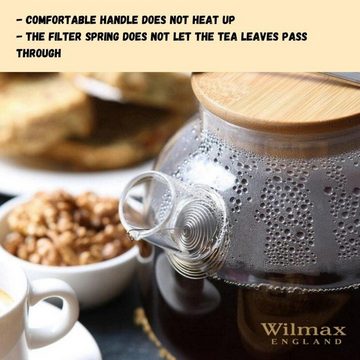 Wilmax England Kanne, Teekanne mit Sieb, 1000ml, Teesieb für losen Tee, Glasteekanne, Bambus