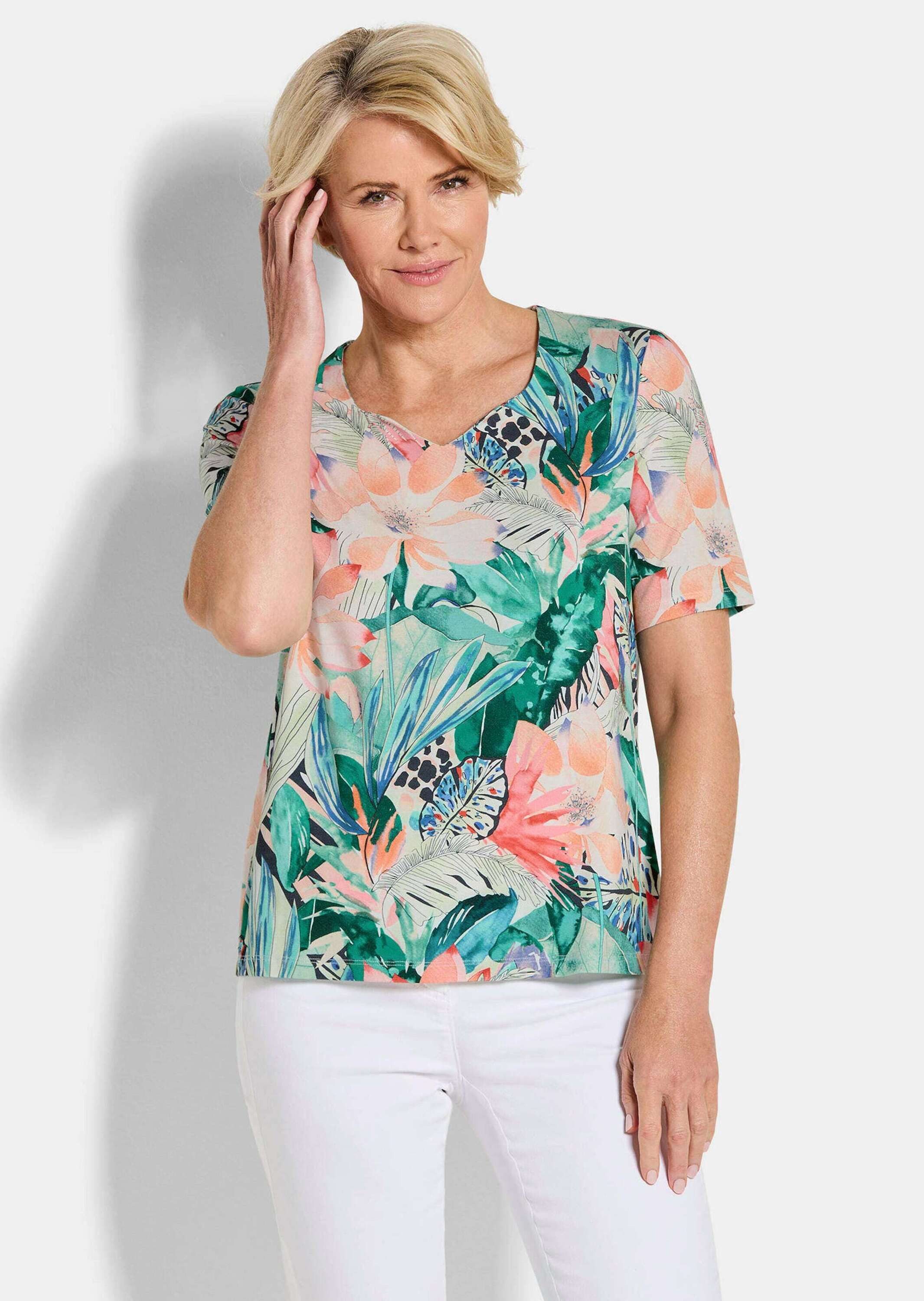 GOLDNER Print-Shirt Jerseyshirt mit Dschungel-Print Viskoseshirt mit Herzausschnitt und Halbarm