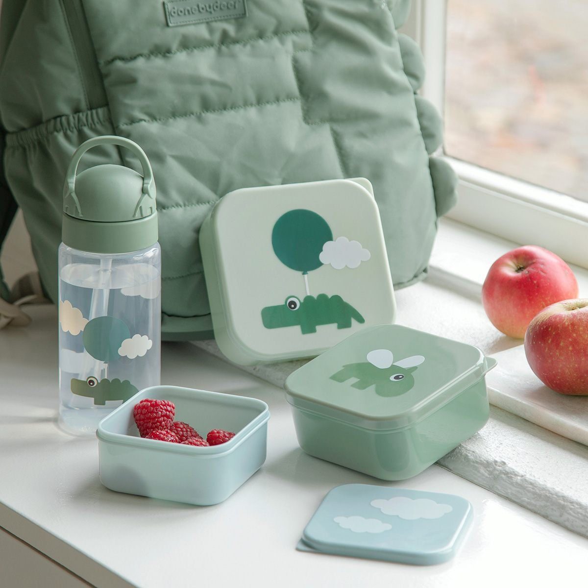 Done by Deer Lunchbox Brotbox Set Happy clouds Green Brotdose Vesperdose Kinder
