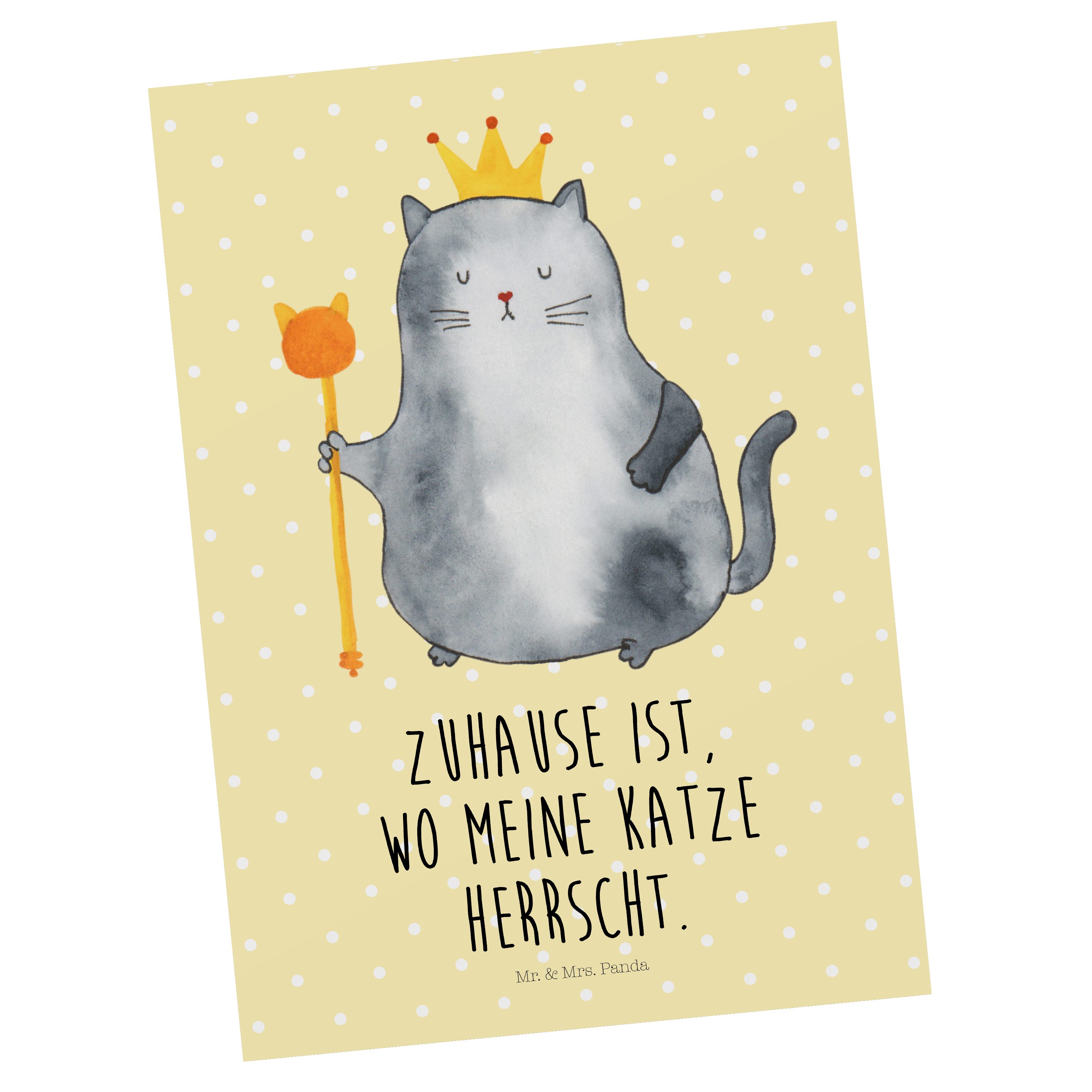 Mr. & Mrs. Panda Postkarte Katzen Koenig - Gelb Pastell - Geschenk, Katzenliebhaberprodukte, Ans