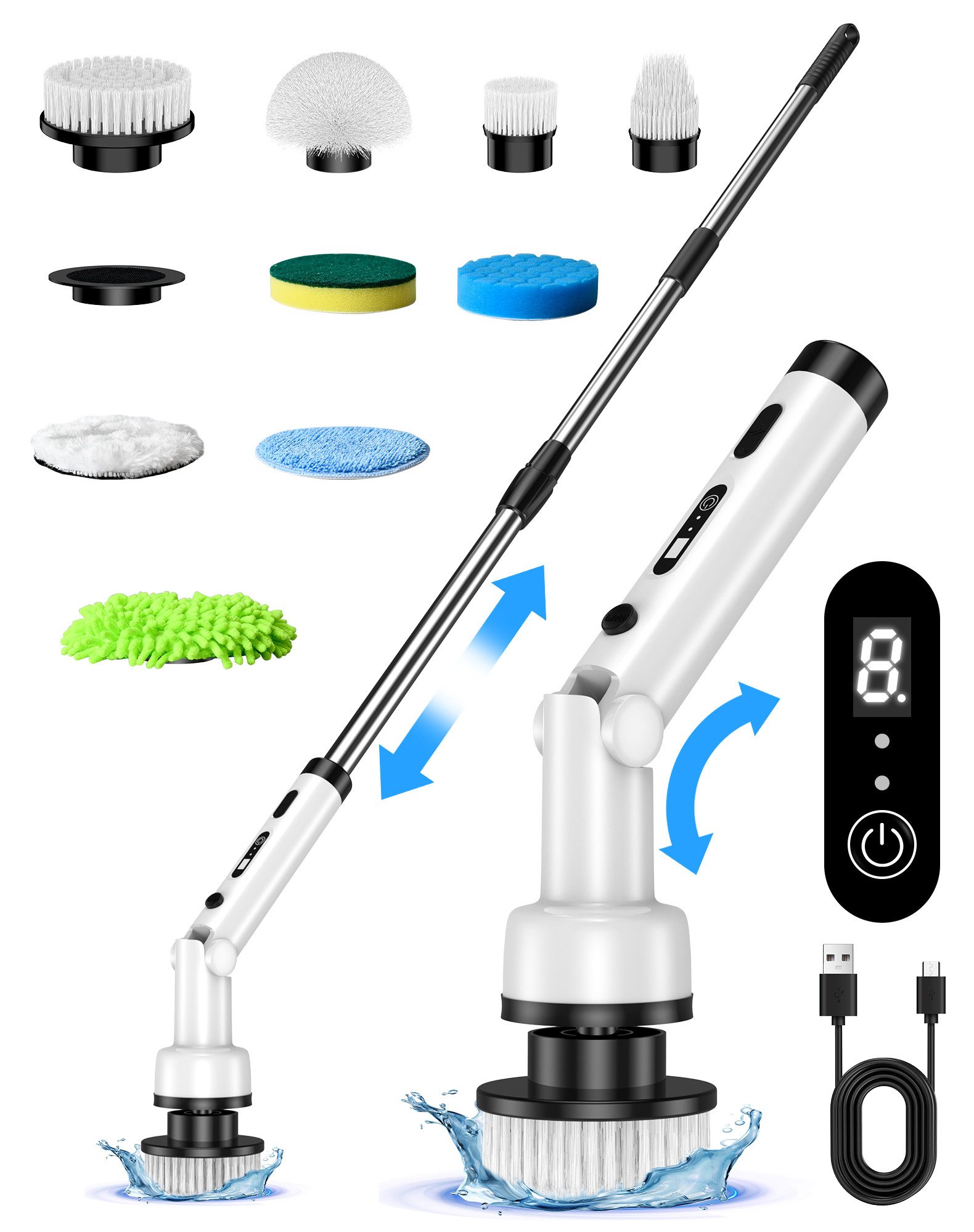 AIBISTAR Reinigungsbürsten-Set 9 in 1 Elektrische Reinigungsbürste, 2600mAh,180°, (Ideal für Bad, Küche, Boden & Auto), Teleskopgriff (13–140 cm),Flexibler Winkel (90°/135°/180)