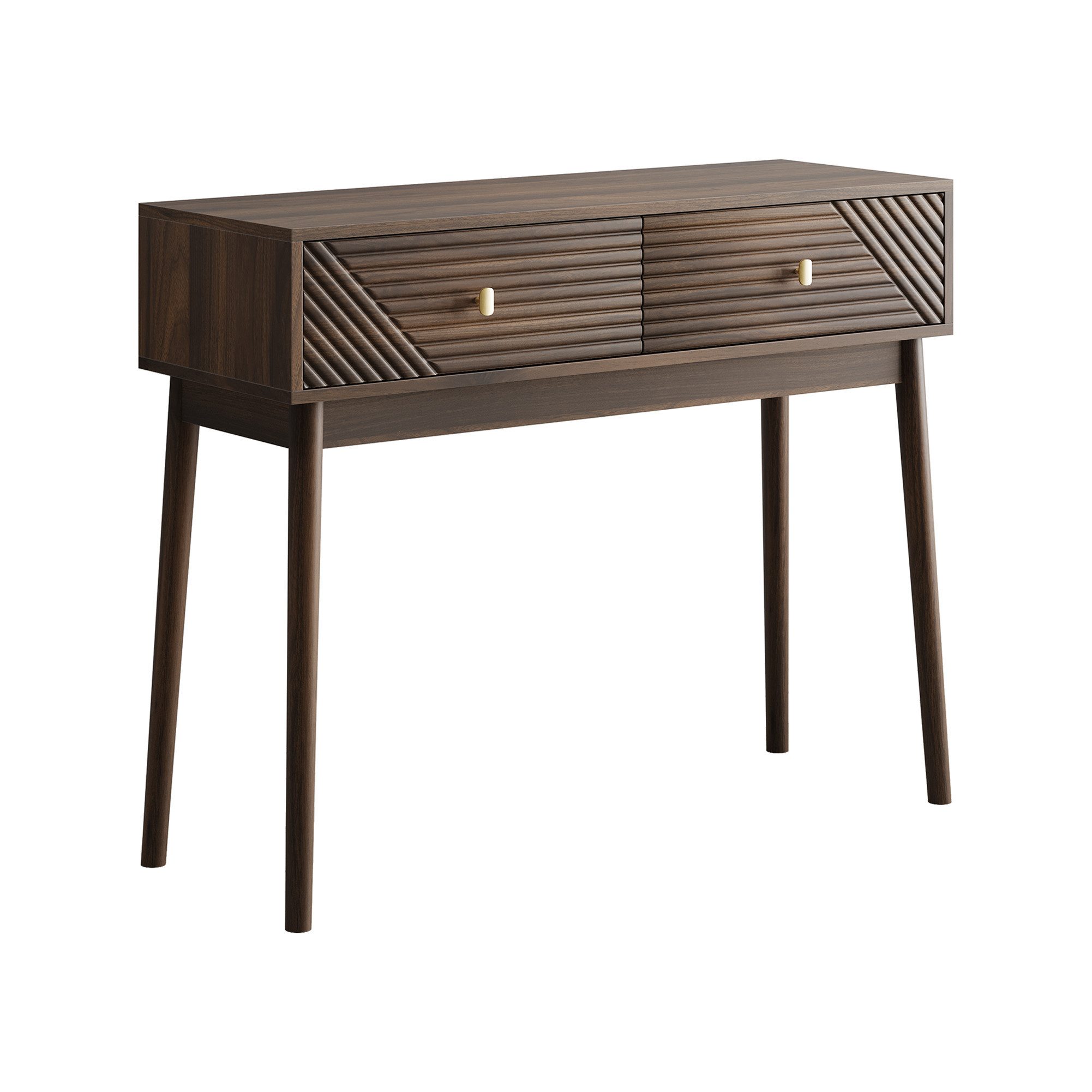 EXTSUD Schreibtisch Mid-Century Konsolentisch mit Schubladen, Walnuss-Optik (moderner Sofatisch für Wohnzimmer, Foyer und Flur, Walnuss), Retro-Empfangstisch mit offenen Ablageflächen